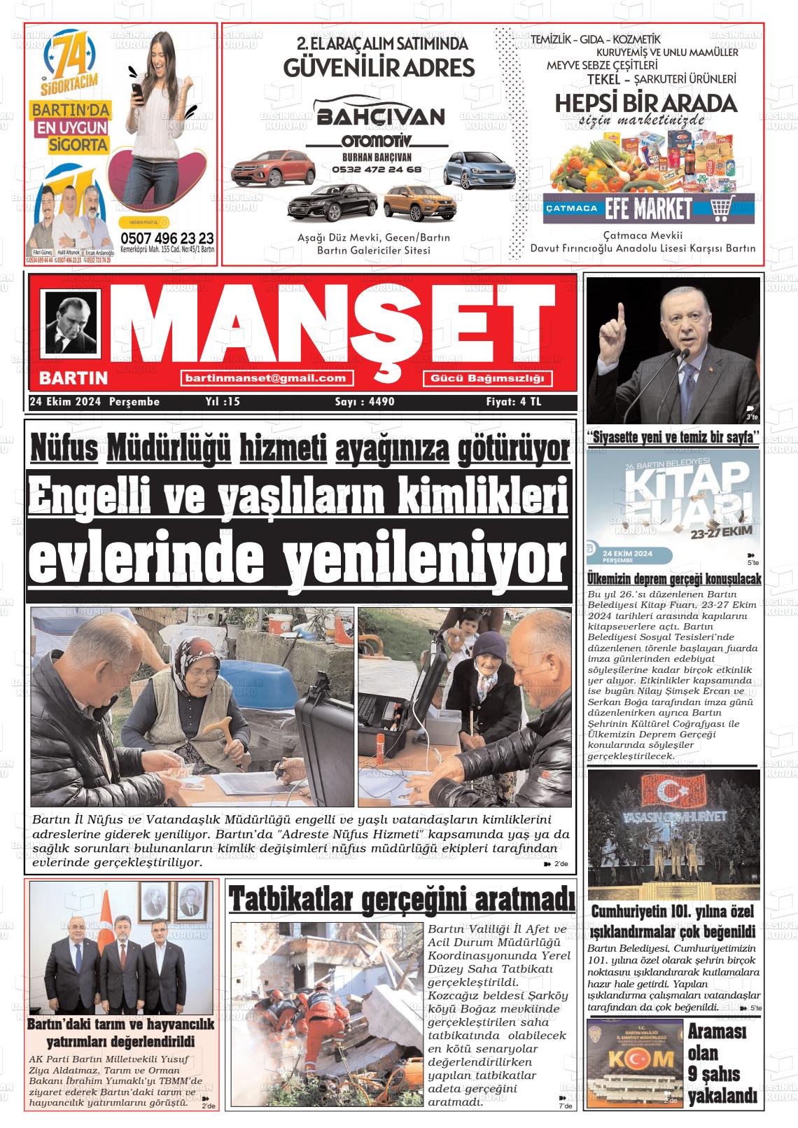 24 Ekim 2024 Bartın Manşet Gazete Manşeti