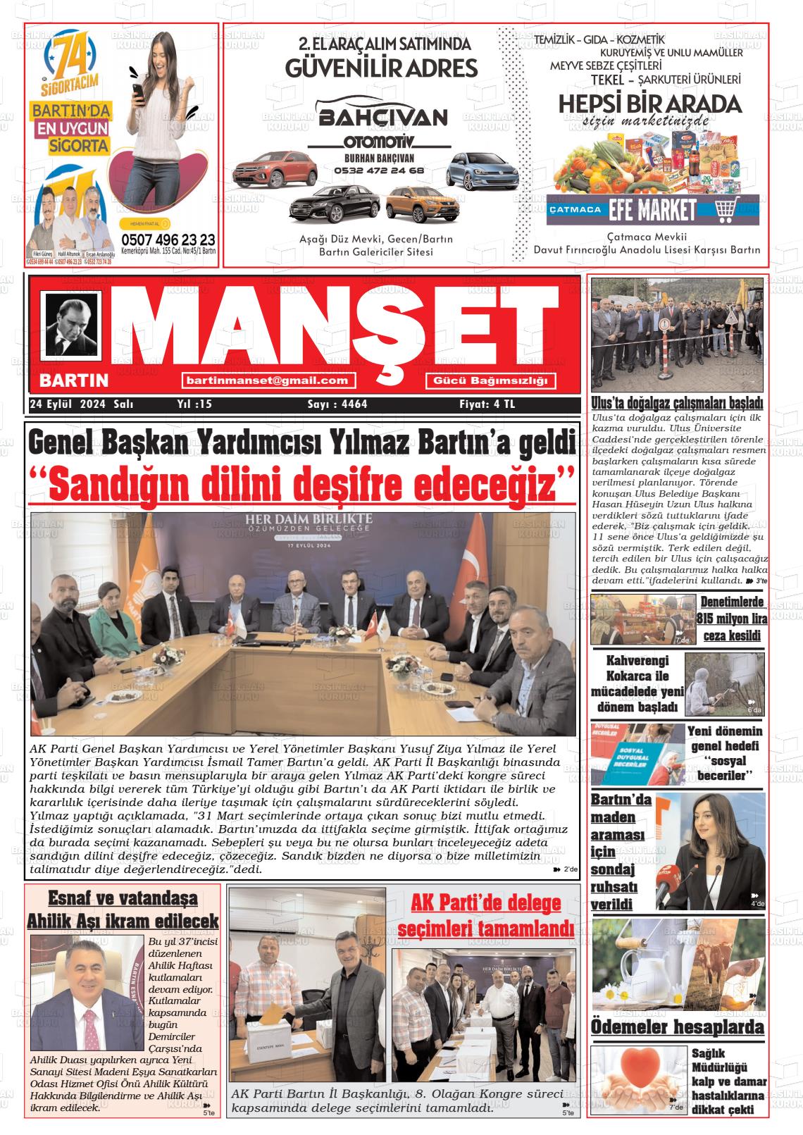 24 Eylül 2024 Bartın Manşet Gazete Manşeti