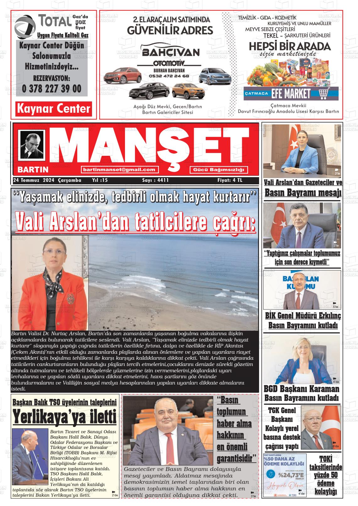 24 Temmuz 2024 Bartın Manşet Gazete Manşeti