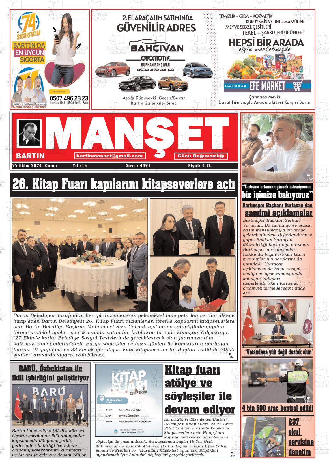 25 Ekim 2024 Bartın Manşet Gazete Manşeti