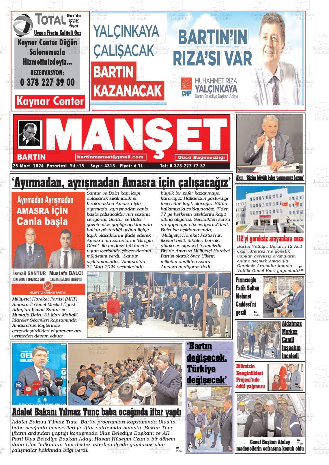 25 Mart 2024 Bartın Manşet Gazete Manşeti