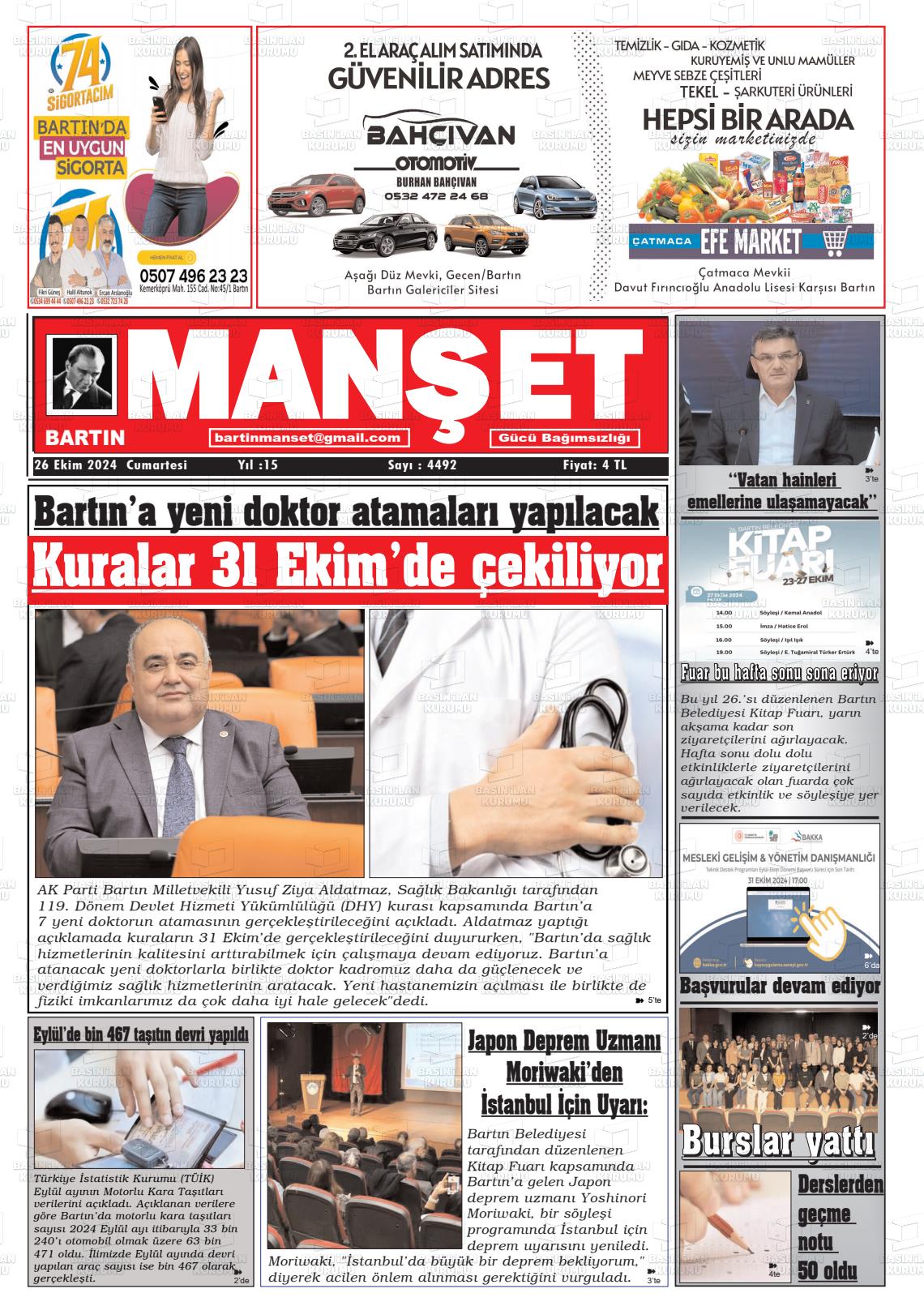 26 Ekim 2024 Bartın Manşet Gazete Manşeti