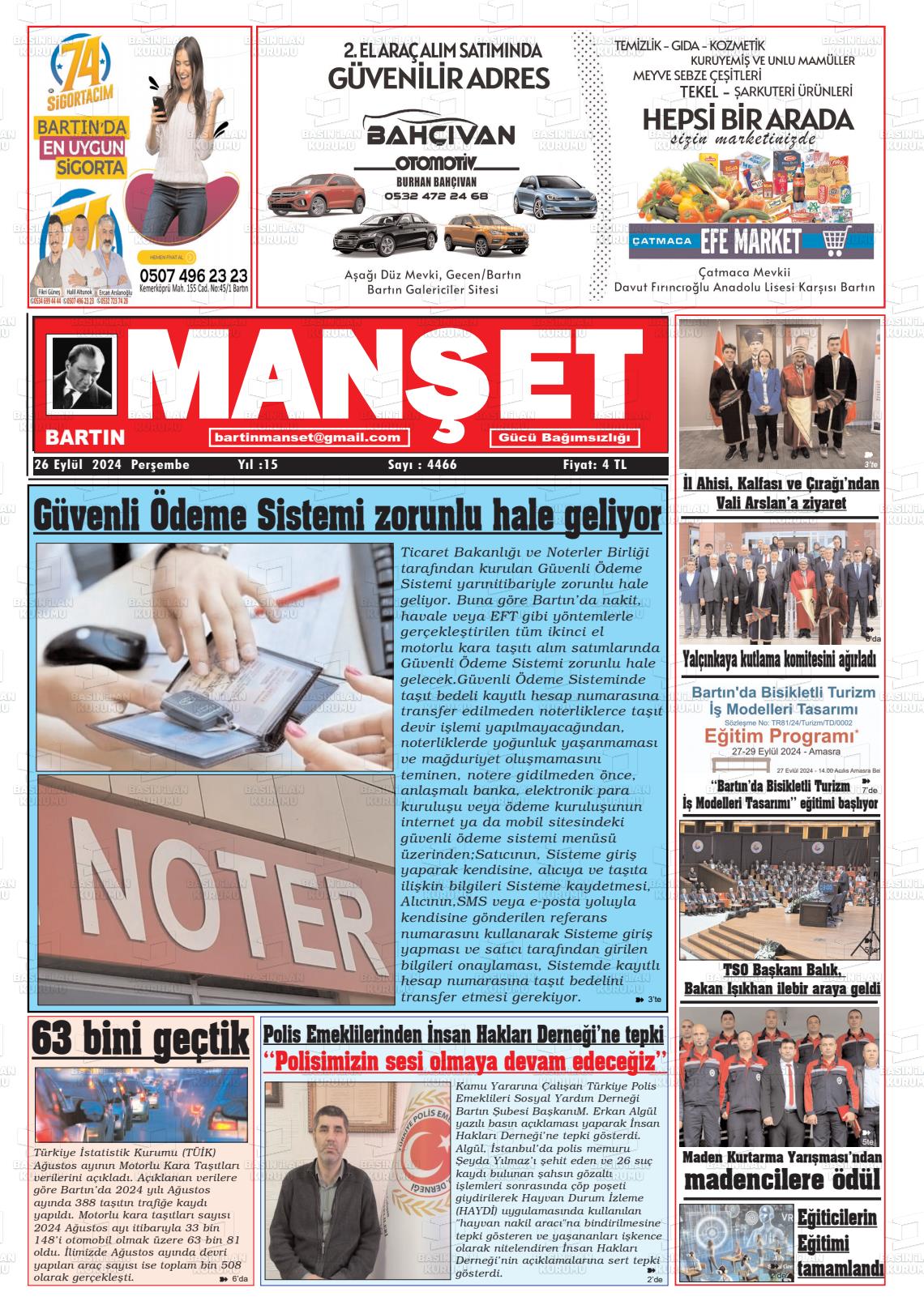 26 Eylül 2024 Bartın Manşet Gazete Manşeti