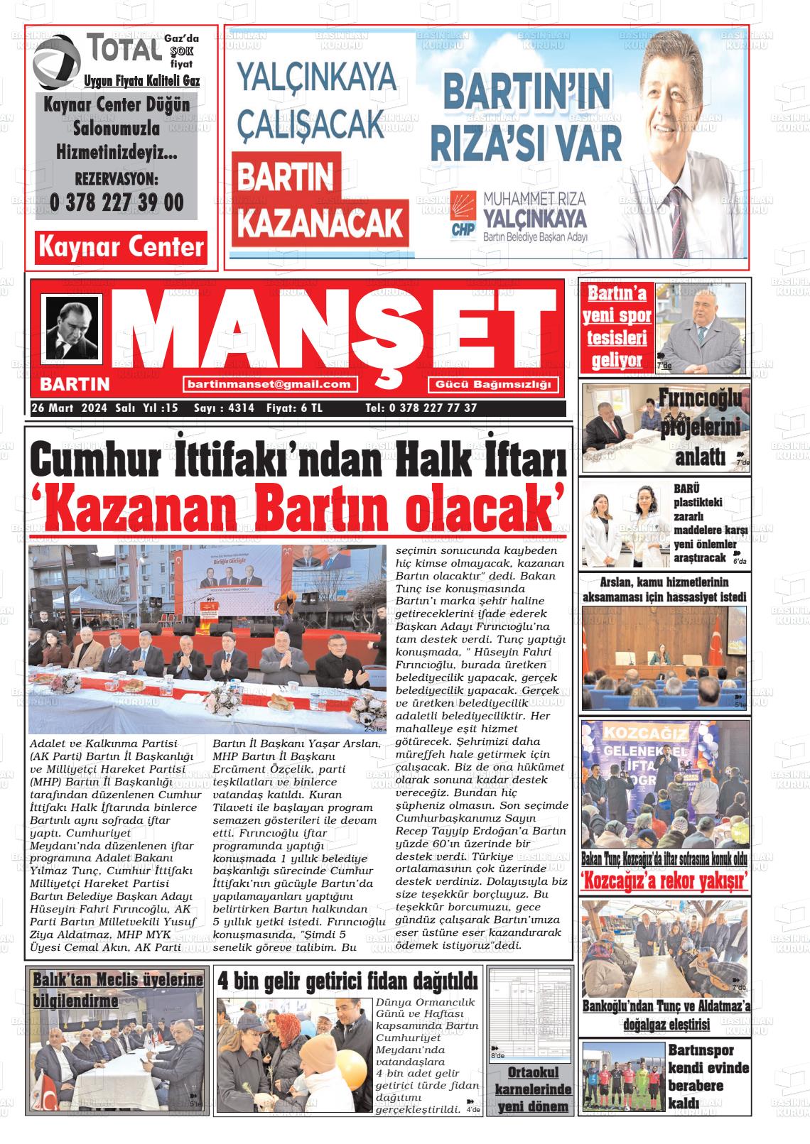 26 Mart 2024 Bartın Manşet Gazete Manşeti