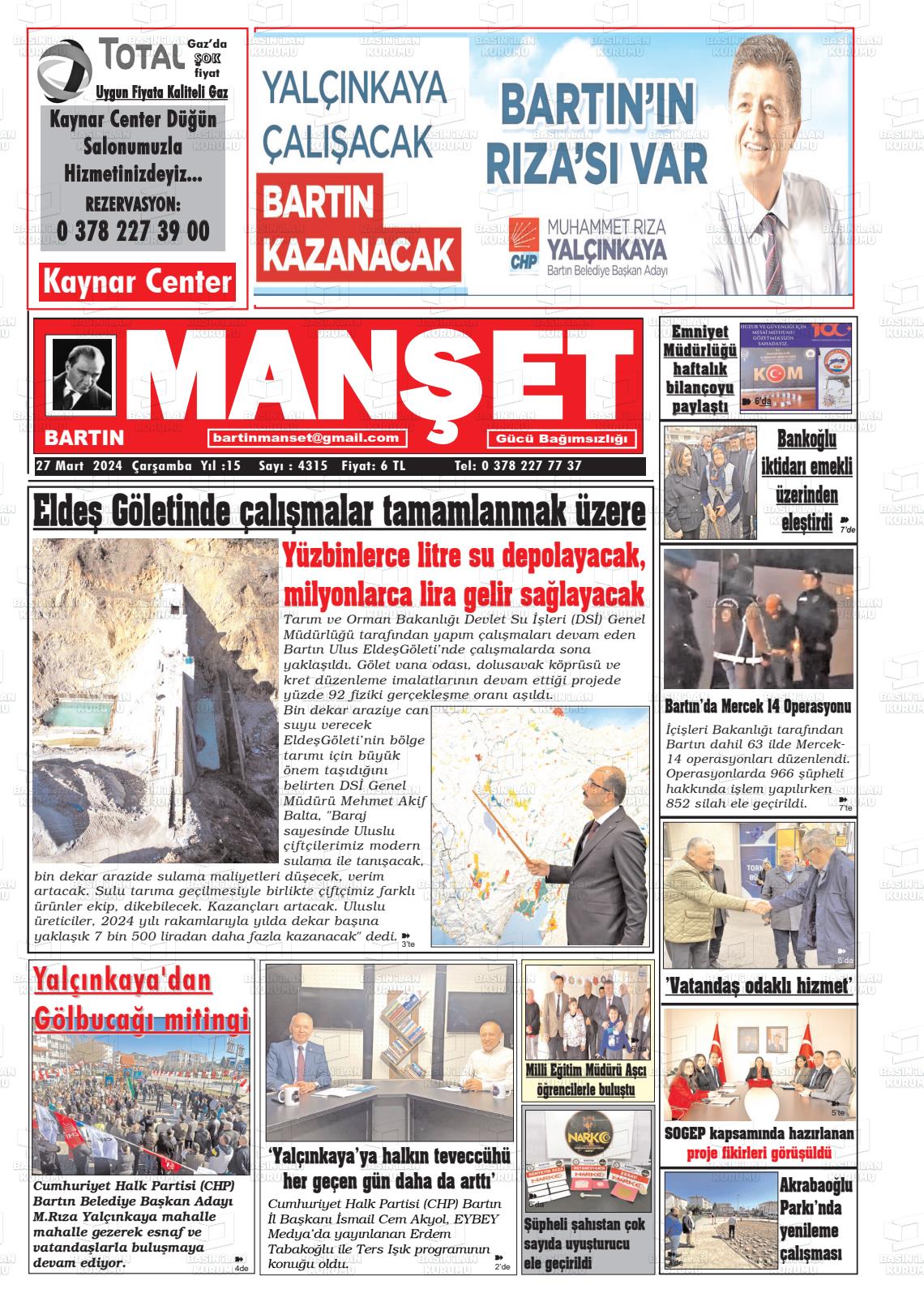 27 Mart 2024 Bartın Manşet Gazete Manşeti