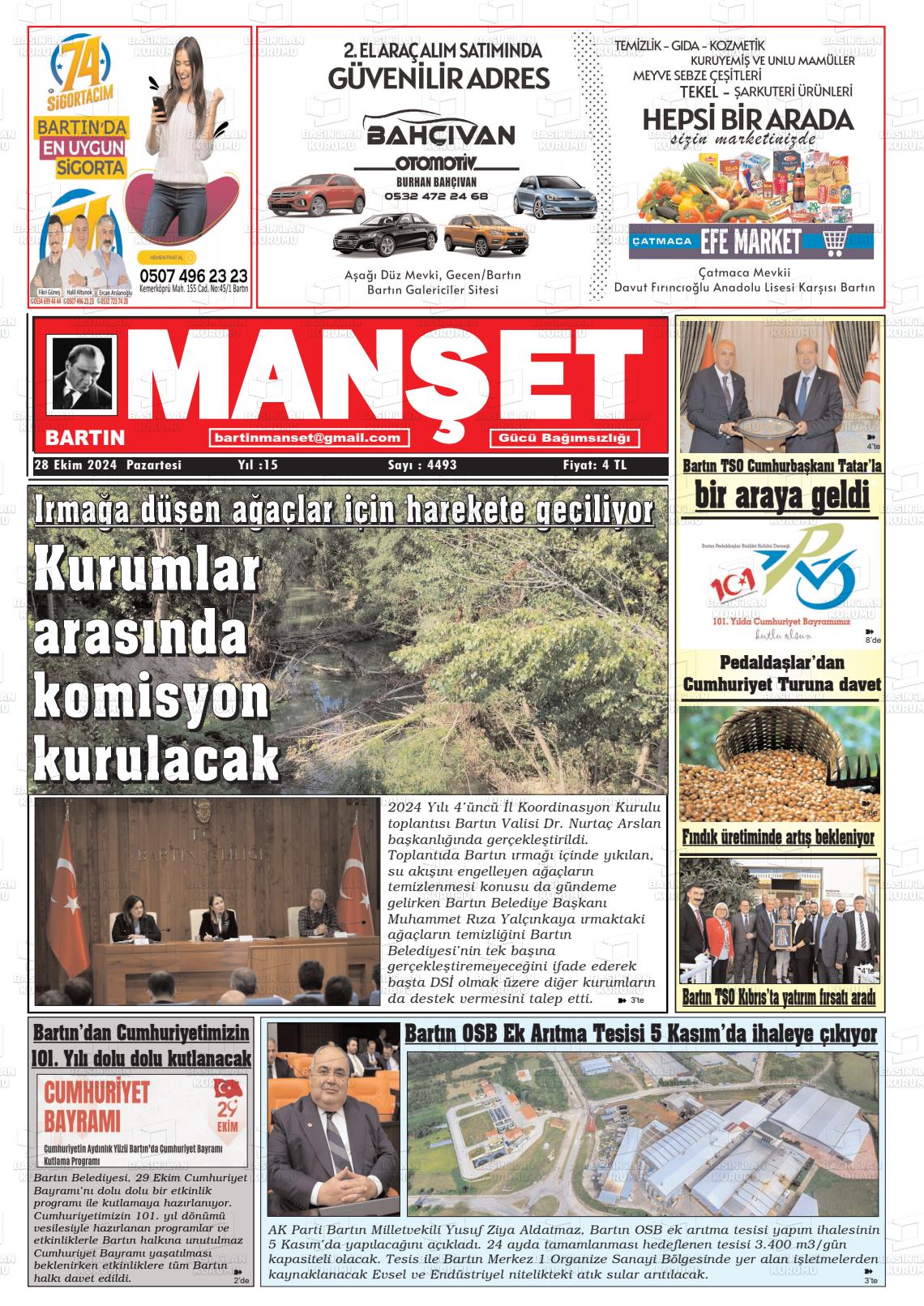 28 Ekim 2024 Bartın Manşet Gazete Manşeti