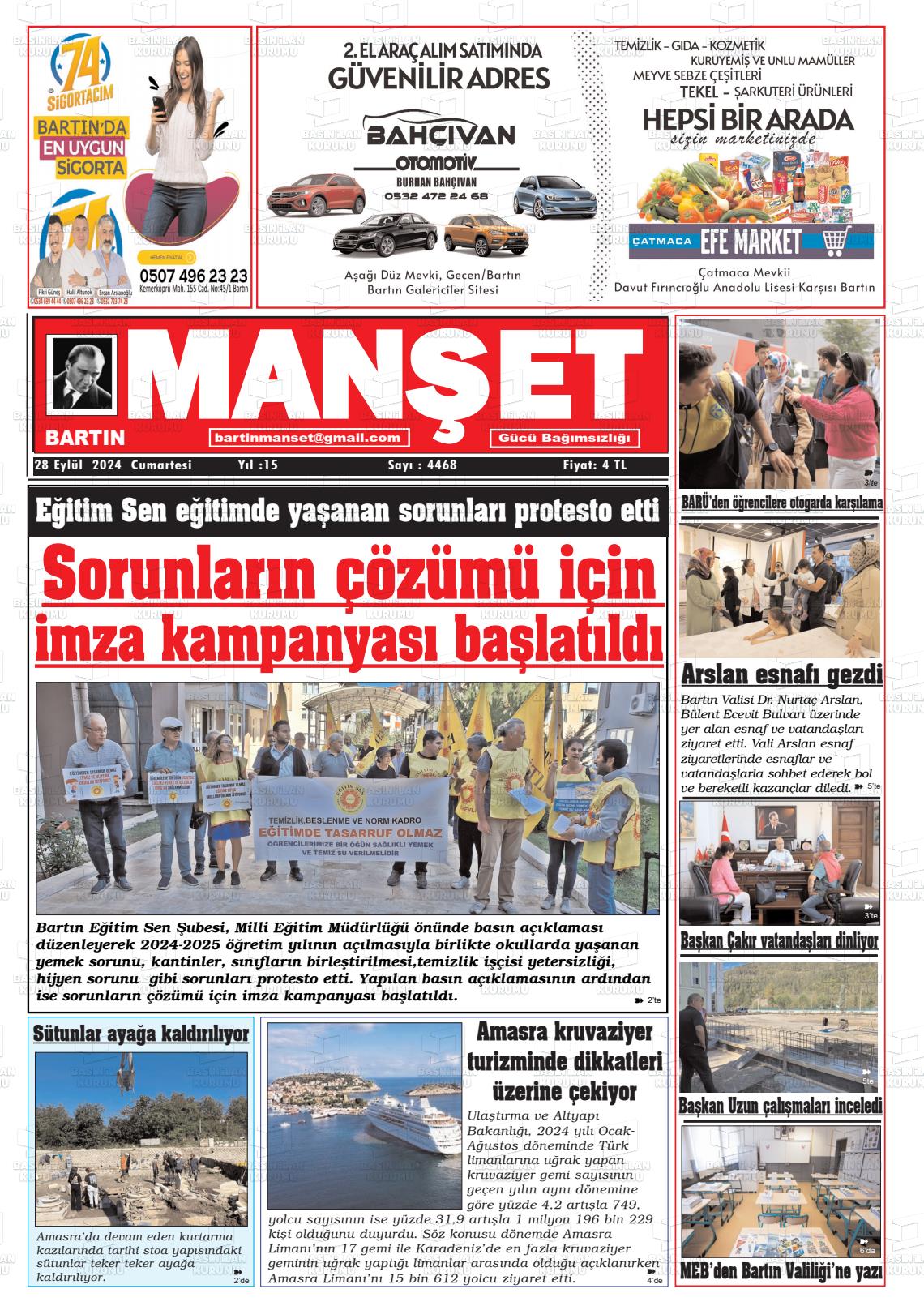 28 Eylül 2024 Bartın Manşet Gazete Manşeti