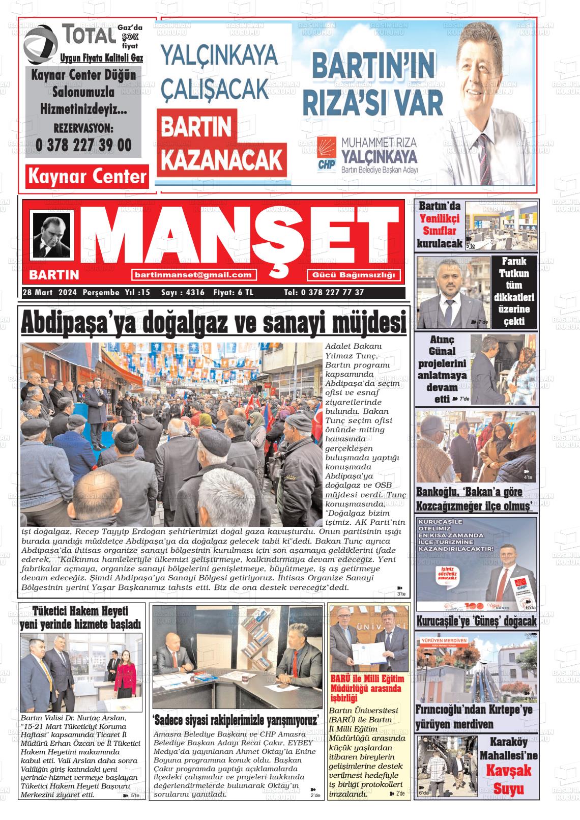 28 Mart 2024 Bartın Manşet Gazete Manşeti