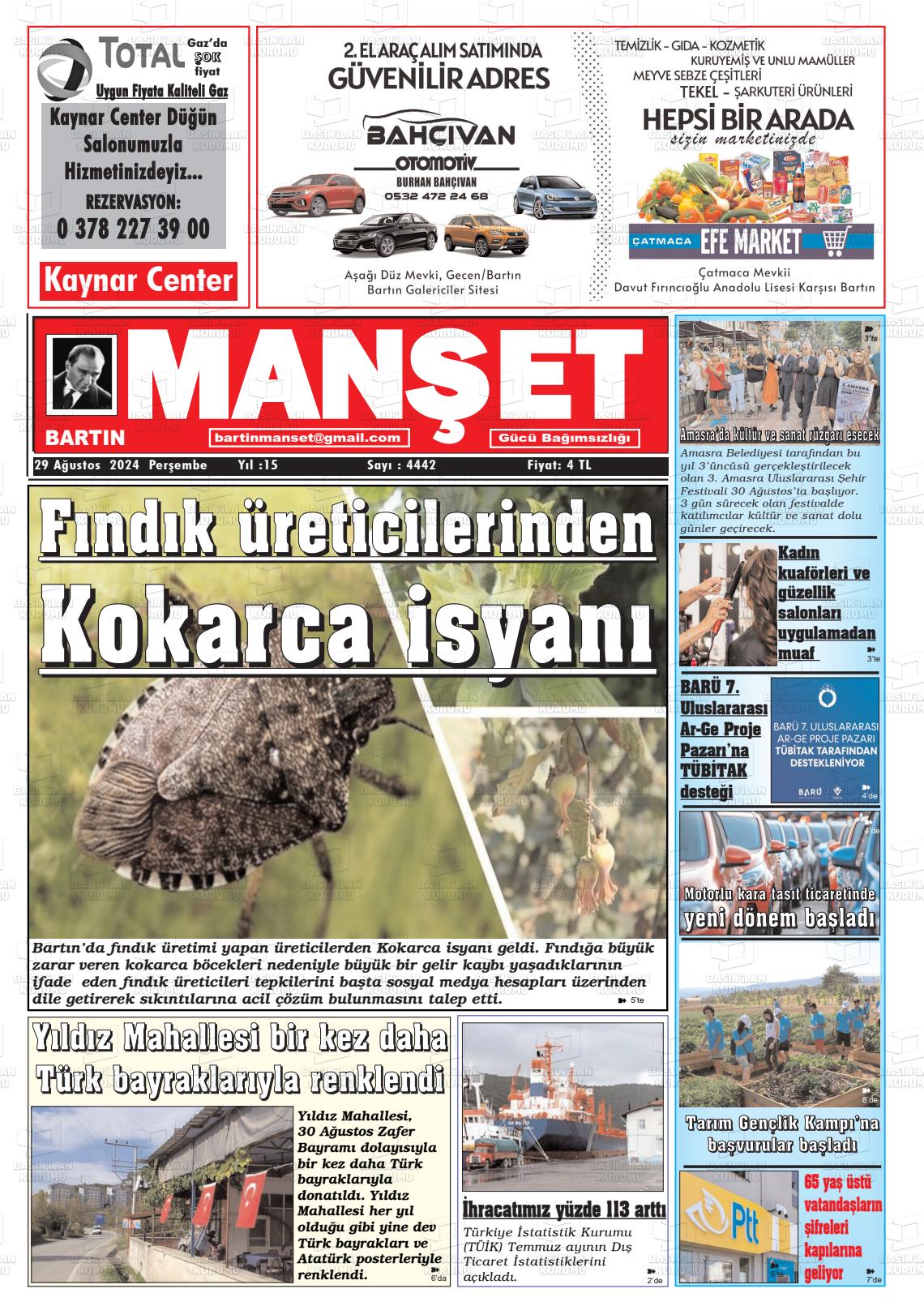 29 Ağustos 2024 Bartın Manşet Gazete Manşeti