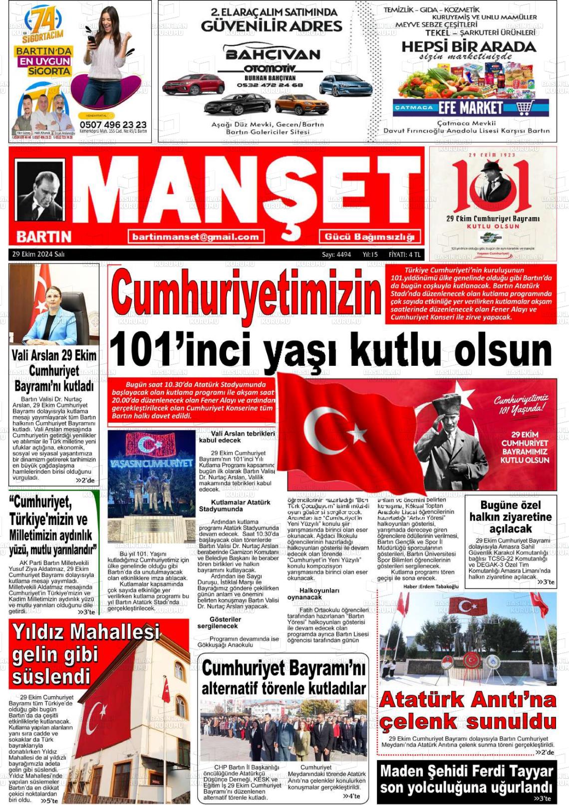 29 Ekim 2024 Bartın Manşet Gazete Manşeti