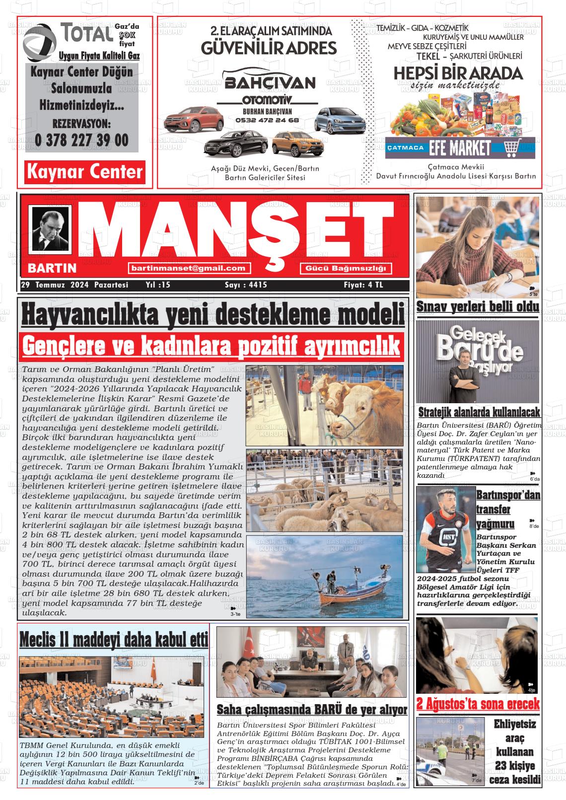 29 Temmuz 2024 Bartın Manşet Gazete Manşeti