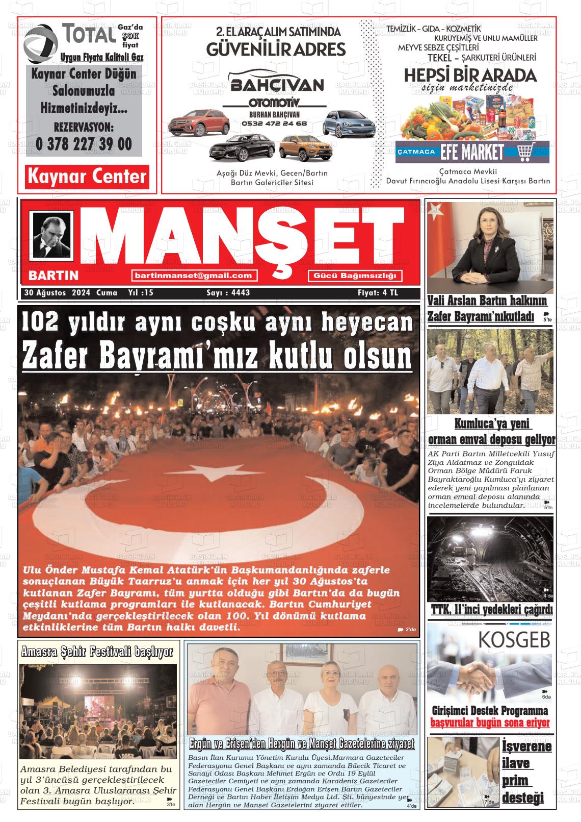 30 Ağustos 2024 Bartın Manşet Gazete Manşeti