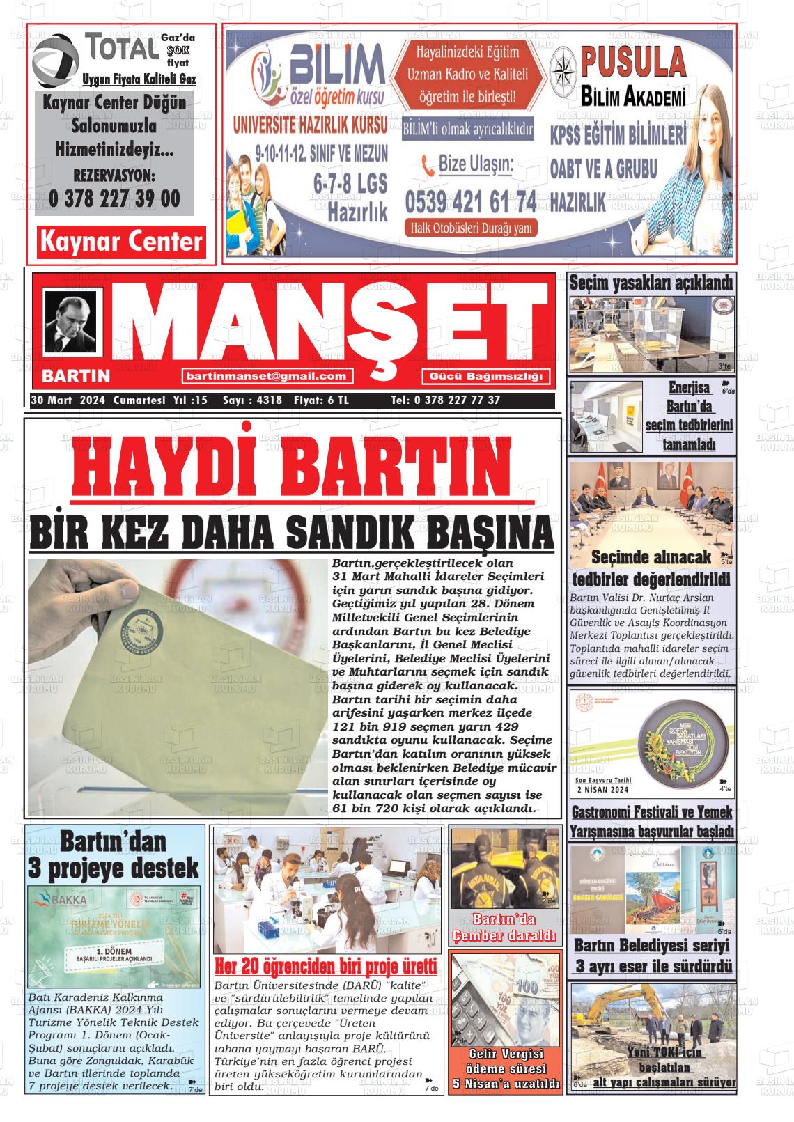 30 Mart 2024 Bartın Manşet Gazete Manşeti