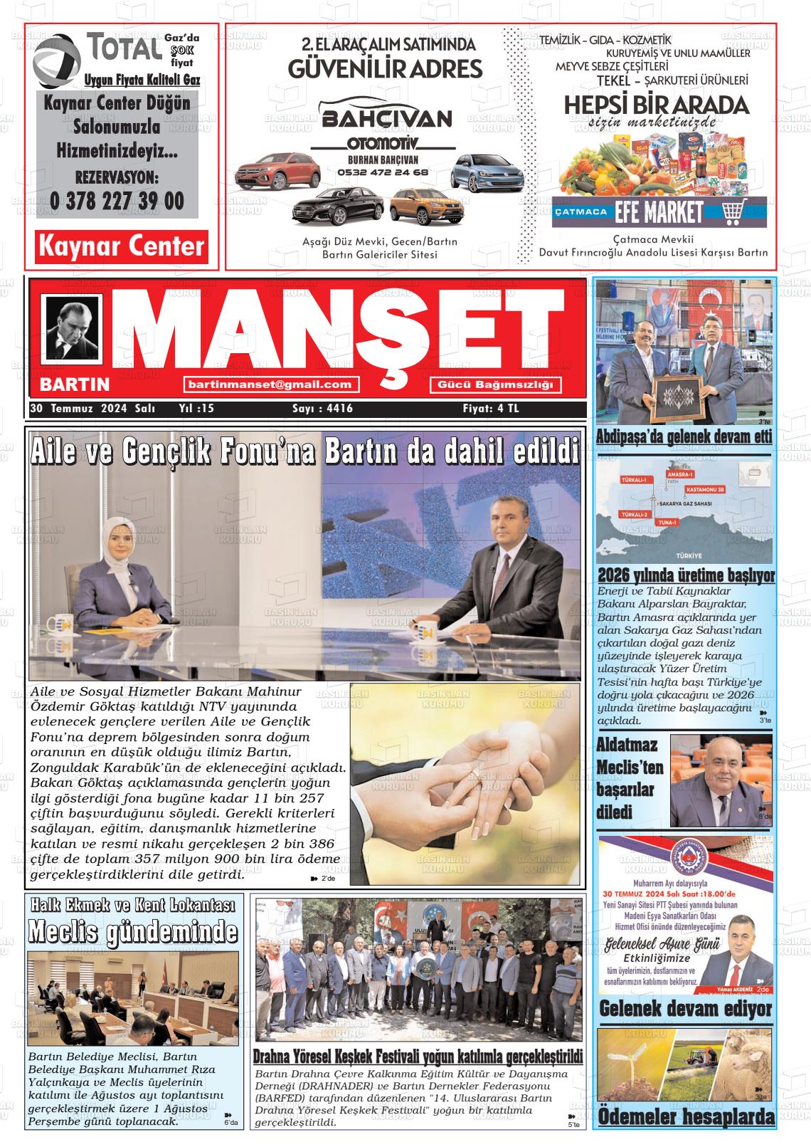 30 Temmuz 2024 Bartın Manşet Gazete Manşeti