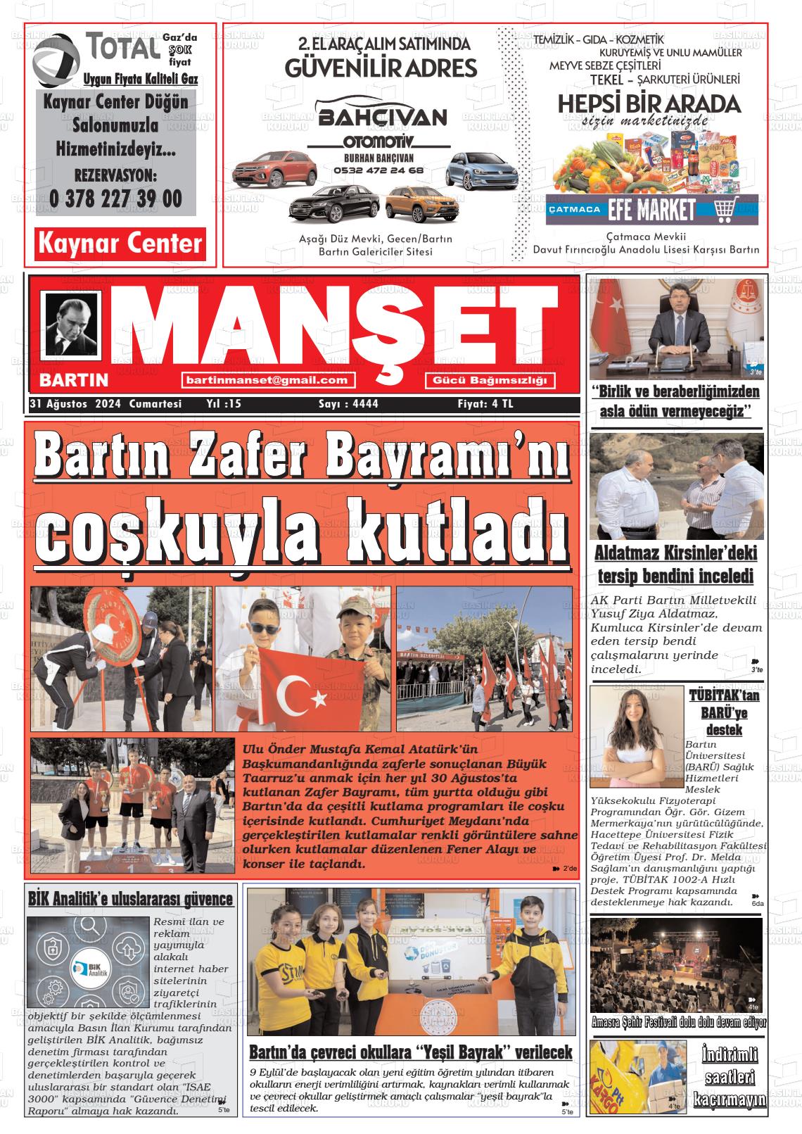 31 Ağustos 2024 Bartın Manşet Gazete Manşeti