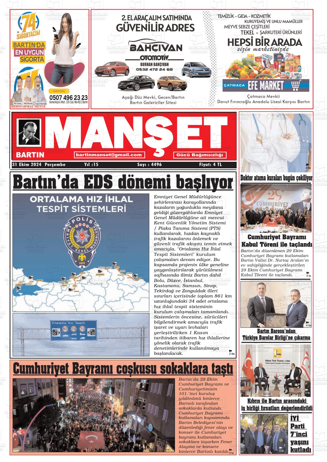 31 Ekim 2024 Bartın Manşet Gazete Manşeti