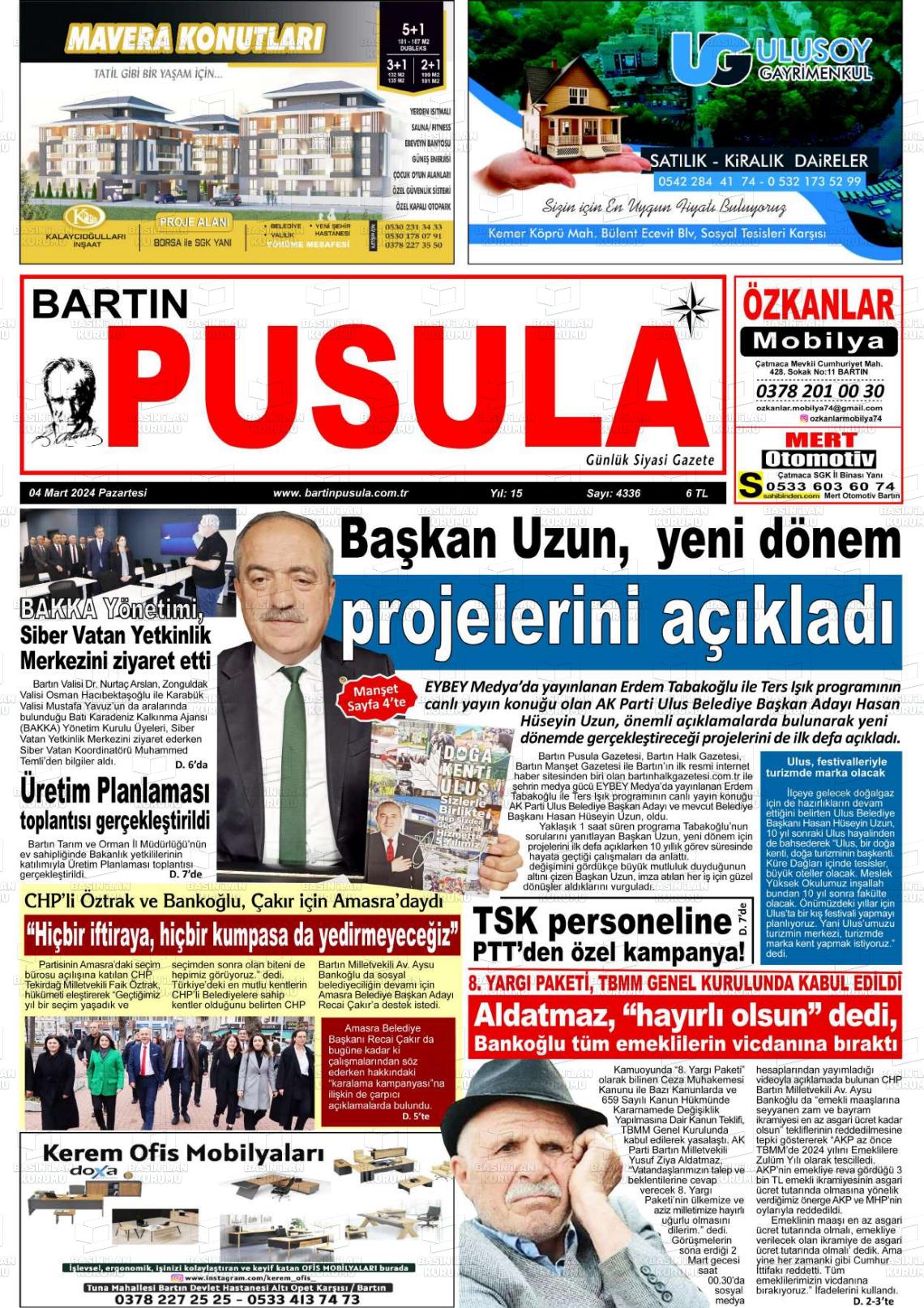 04 Mart 2024 Bartın Pusula Gazete Manşeti