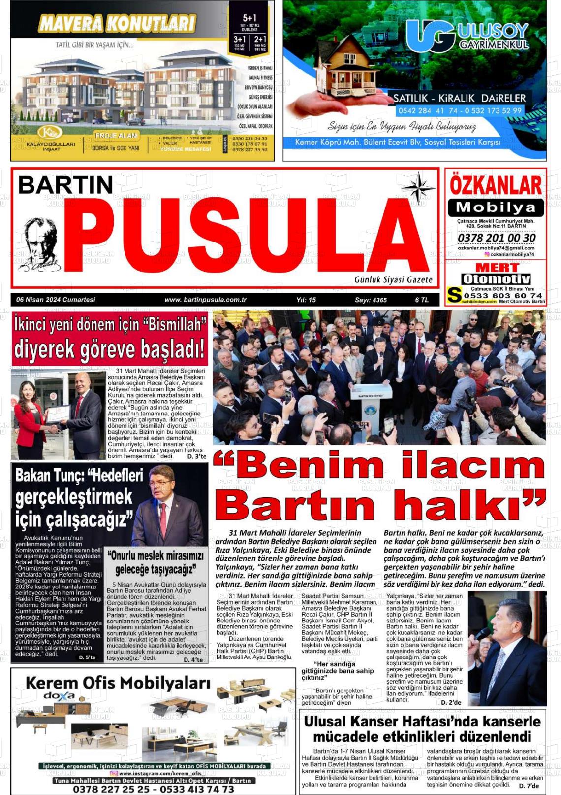 06 Nisan 2024 Bartın Pusula Gazete Manşeti