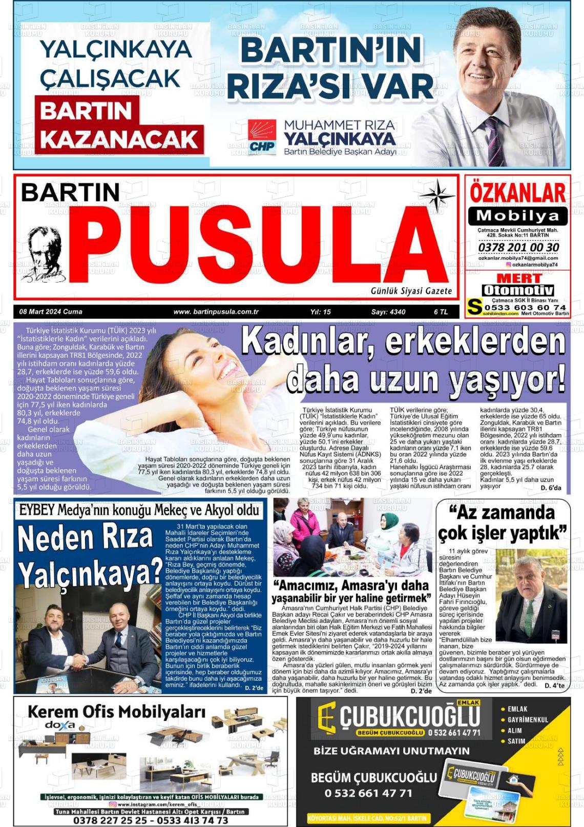 08 Mart 2024 Bartın Pusula Gazete Manşeti