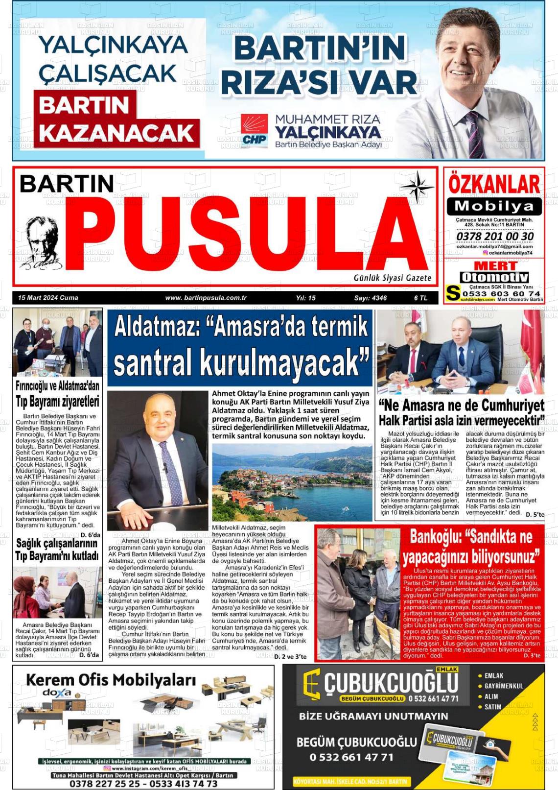 15 Mart 2024 Bartın Pusula Gazete Manşeti