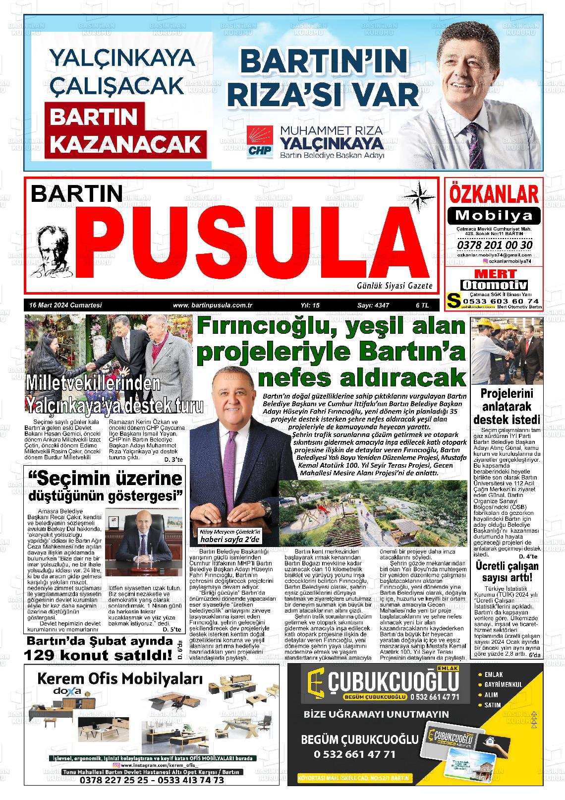 16 Mart 2024 Bartın Pusula Gazete Manşeti