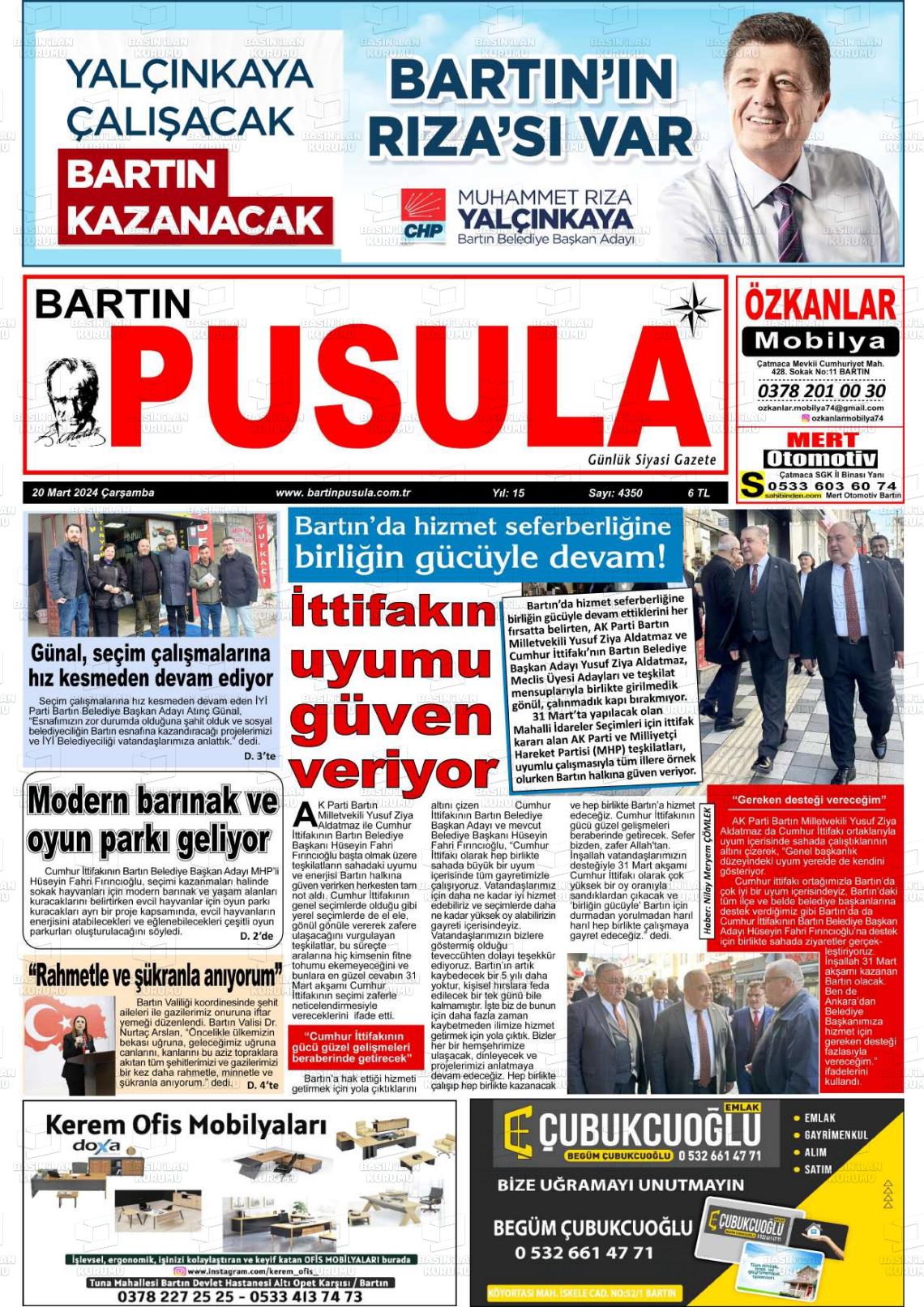 20 Mart 2024 Bartın Pusula Gazete Manşeti