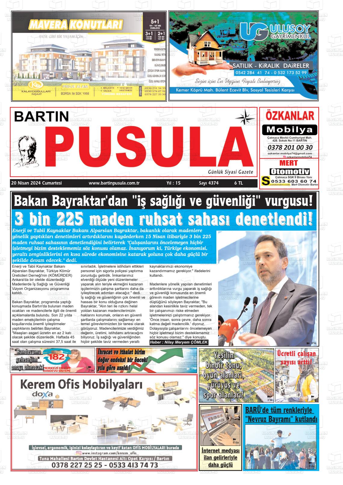 20 Nisan 2024 Bartın Pusula Gazete Manşeti