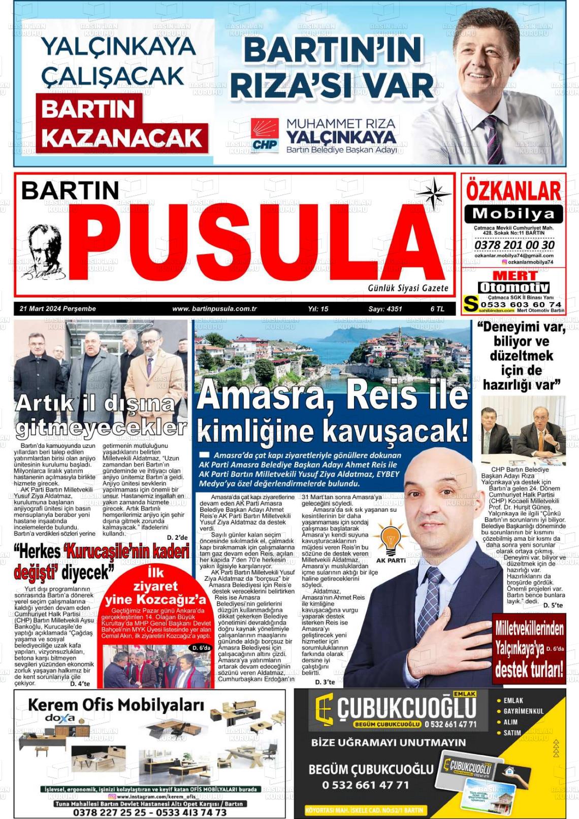 21 Mart 2024 Bartın Pusula Gazete Manşeti