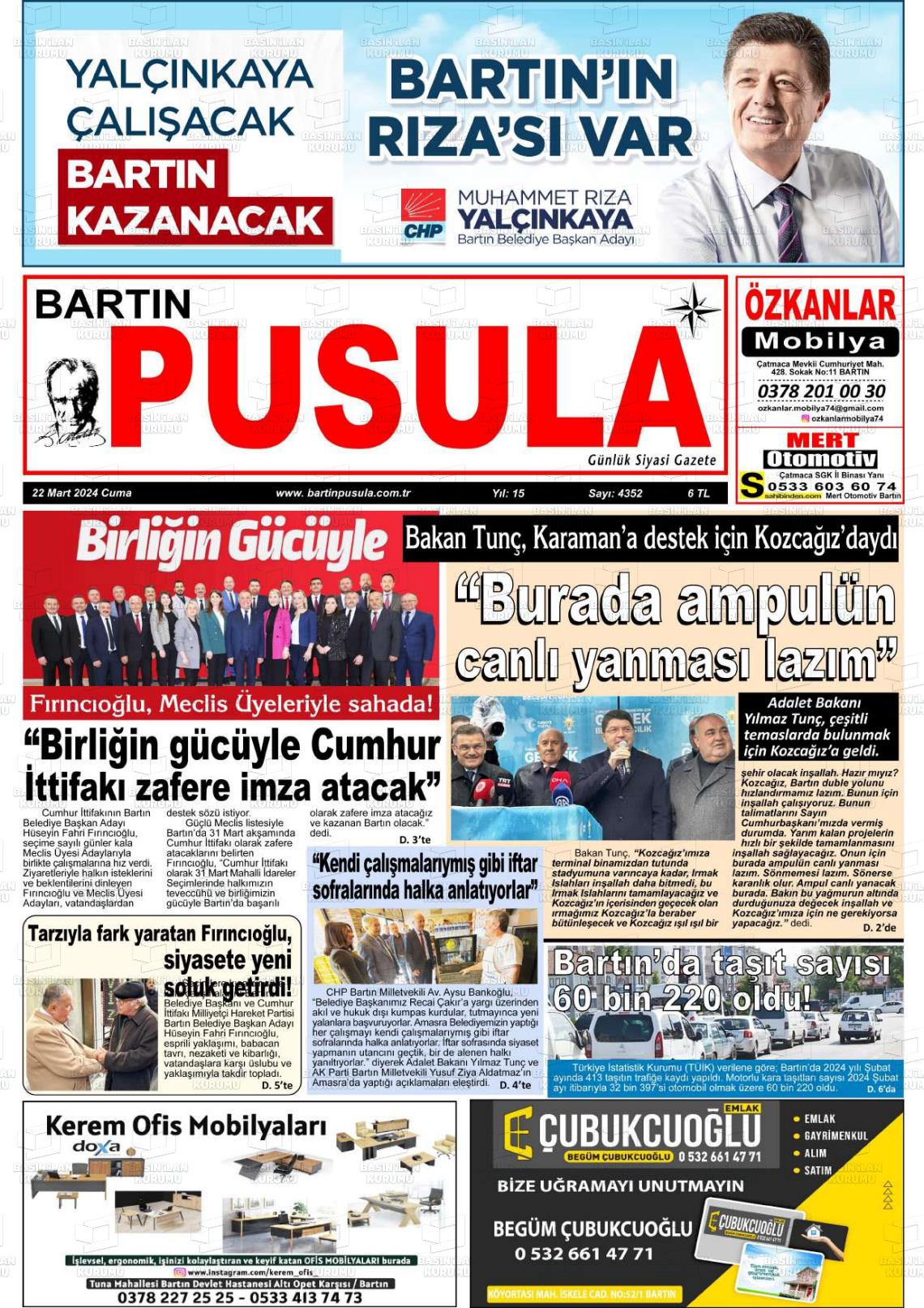 22 Mart 2024 Bartın Pusula Gazete Manşeti