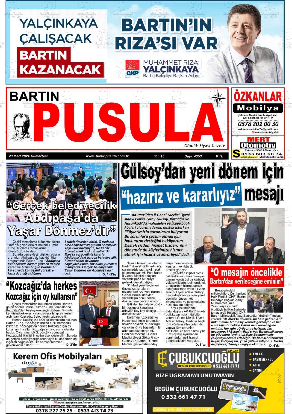 23 Mart 2024 Bartın Pusula Gazete Manşeti