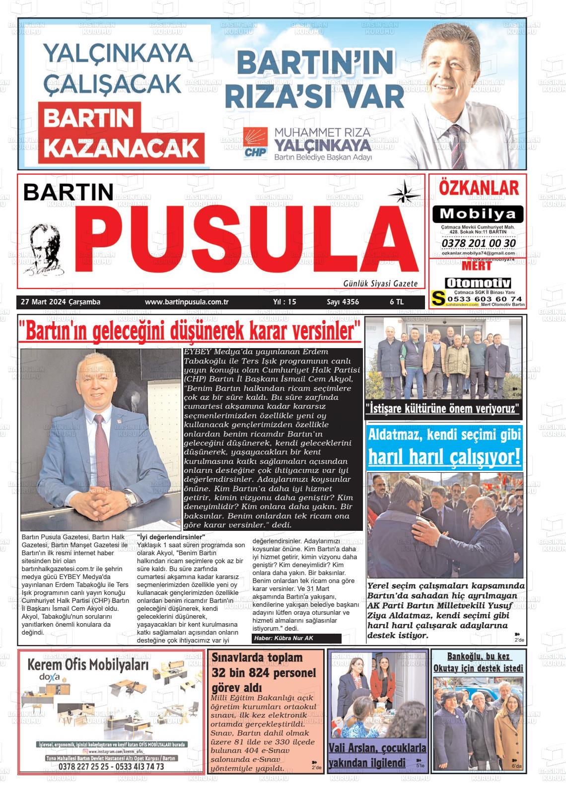 27 Mart 2024 Bartın Pusula Gazete Manşeti