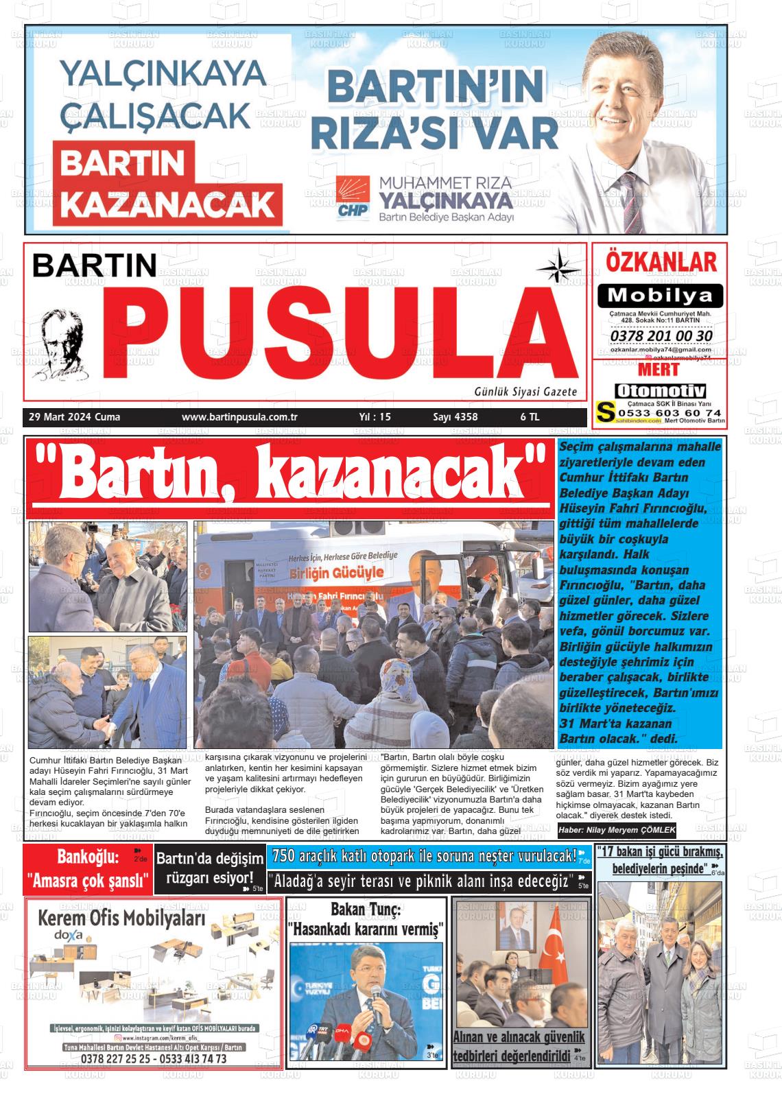 29 Mart 2024 Bartın Pusula Gazete Manşeti