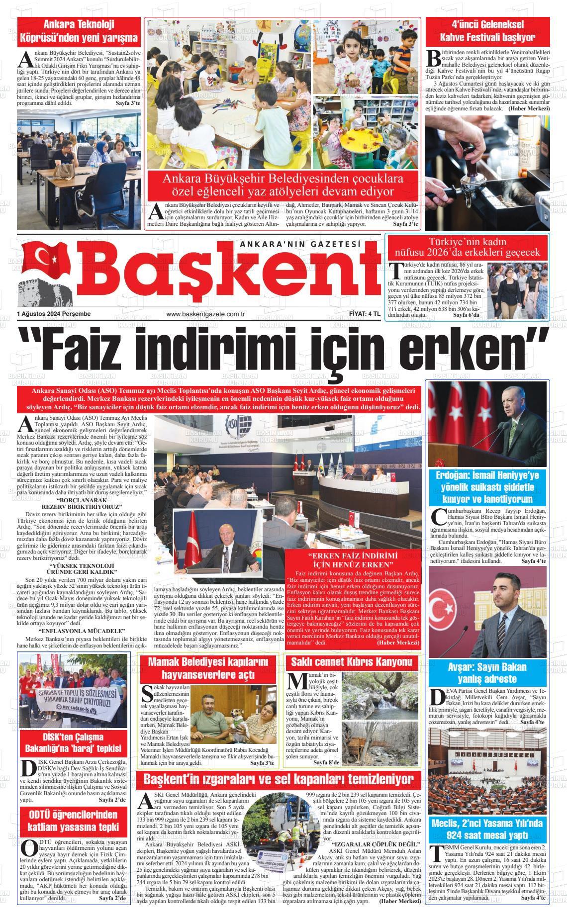 01 Ağustos 2024 Ankara Başkent Gazete Manşeti