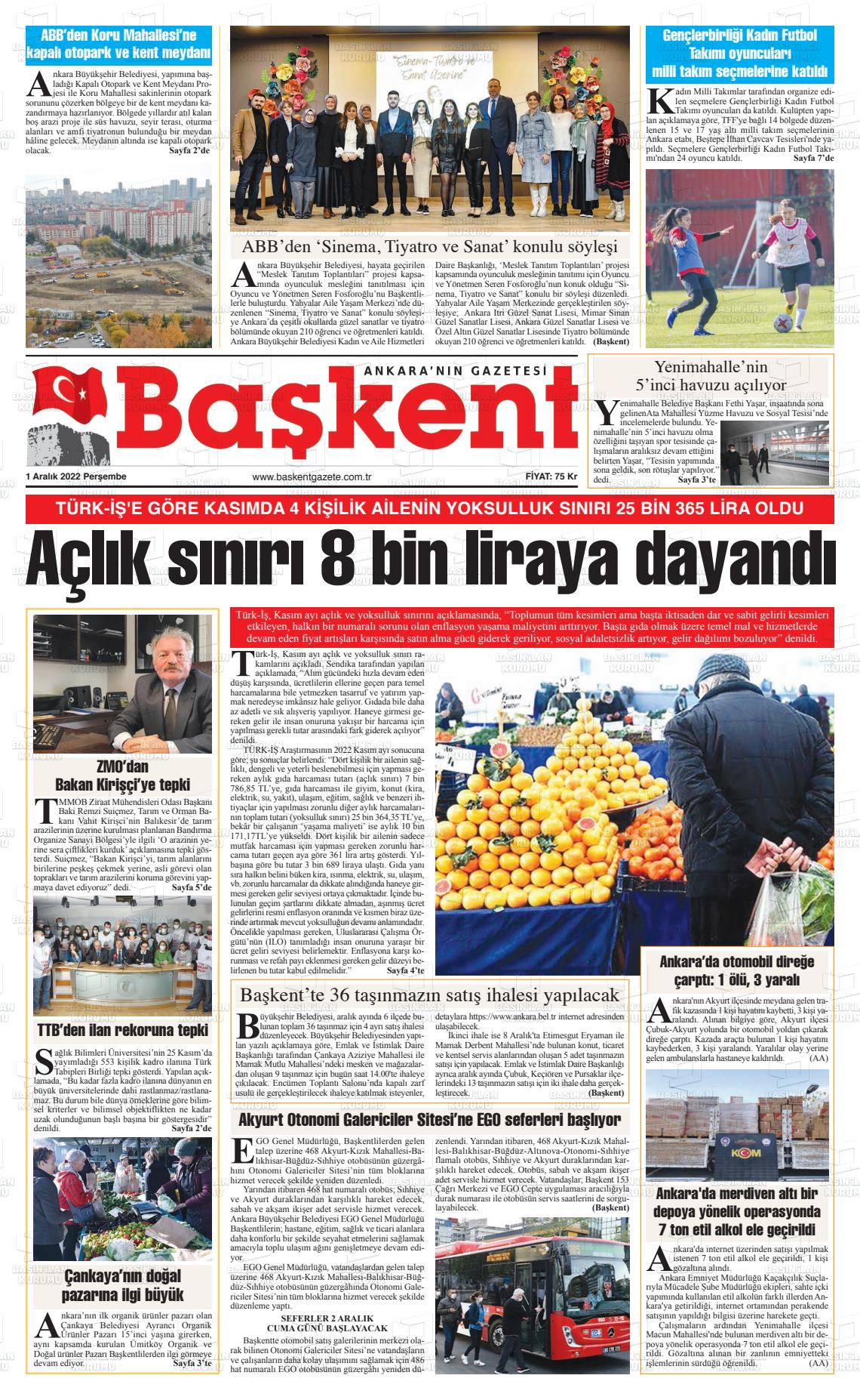 01 Aralık 2022 Ankara Başkent Gazete Manşeti