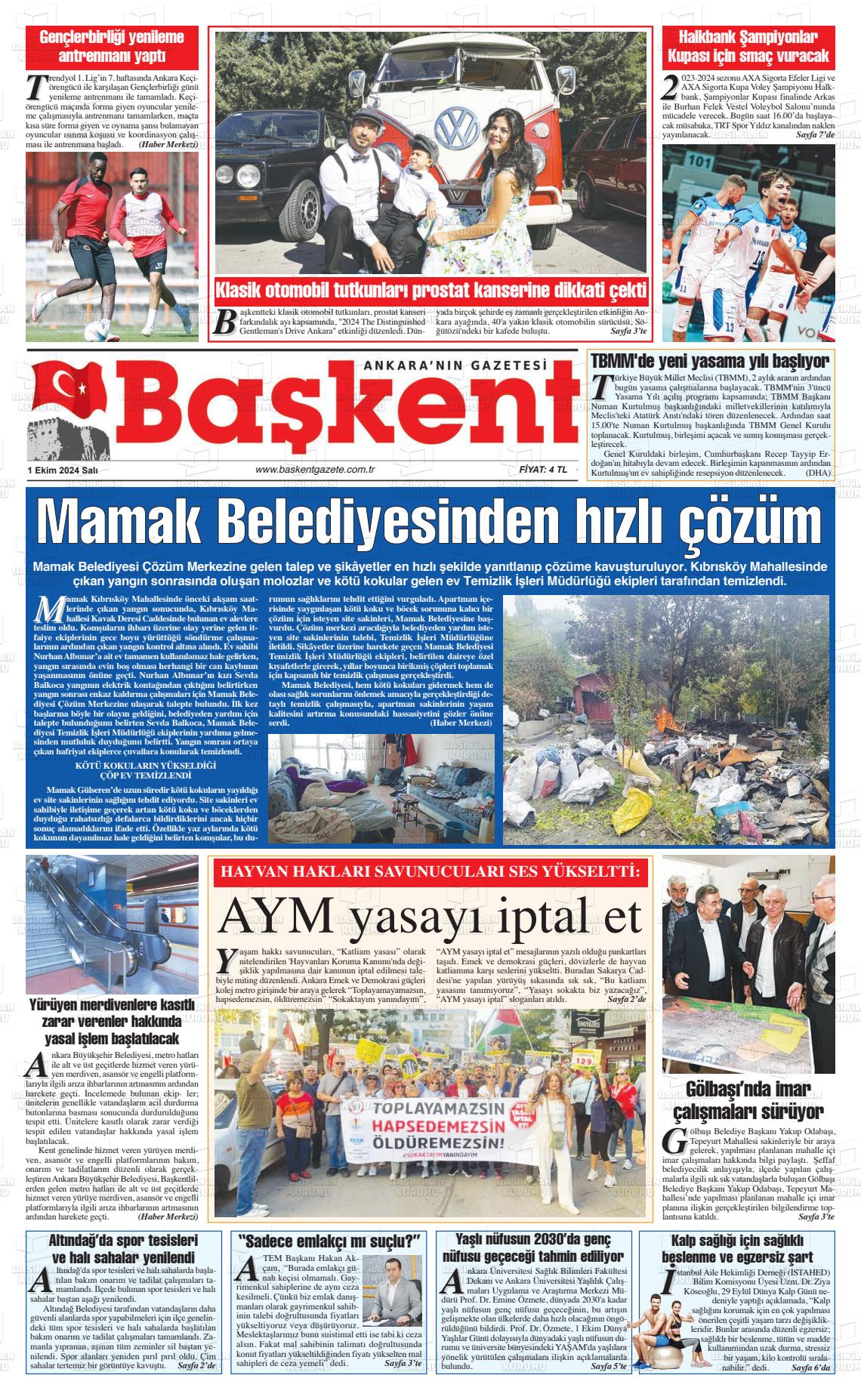 01 Ekim 2024 Ankara Başkent Gazete Manşeti