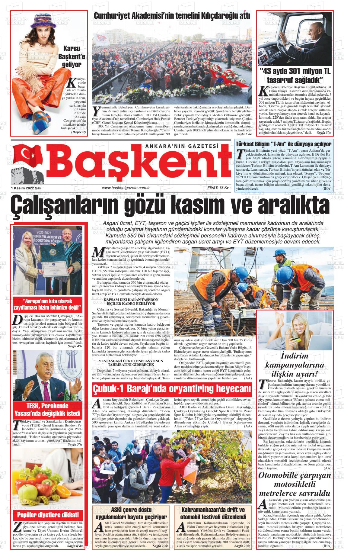 01 Kasım 2022 Ankara Başkent Gazete Manşeti