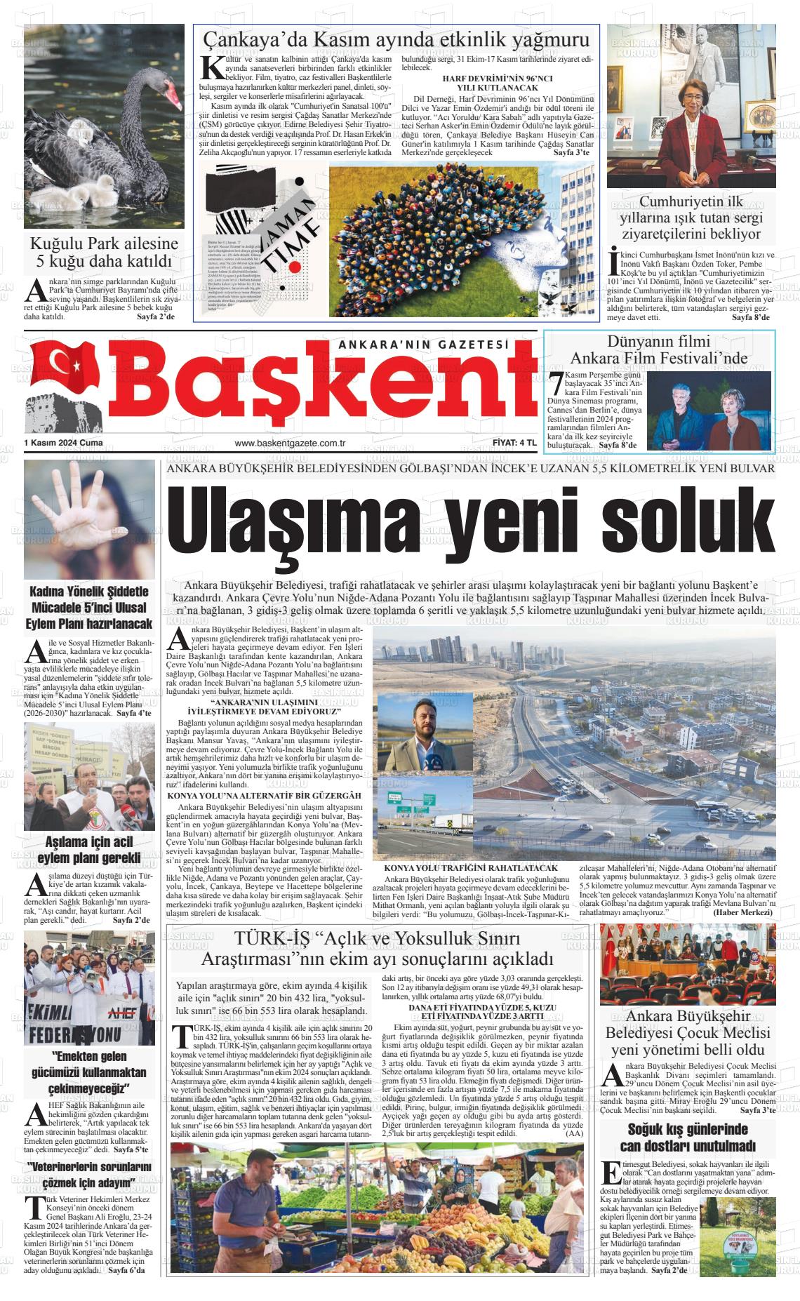 01 Kasım 2024 Ankara Başkent Gazete Manşeti