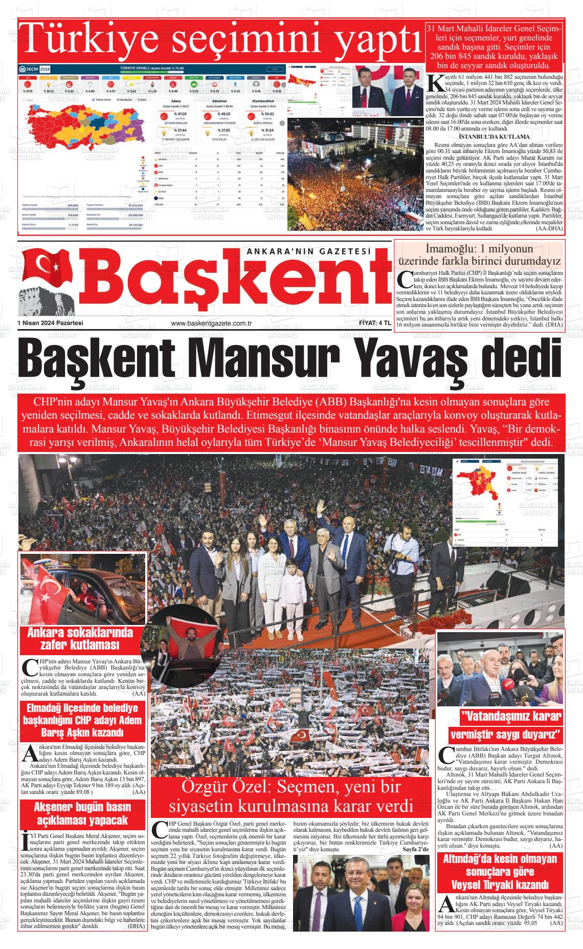 01 Nisan 2024 Ankara Başkent Gazete Manşeti