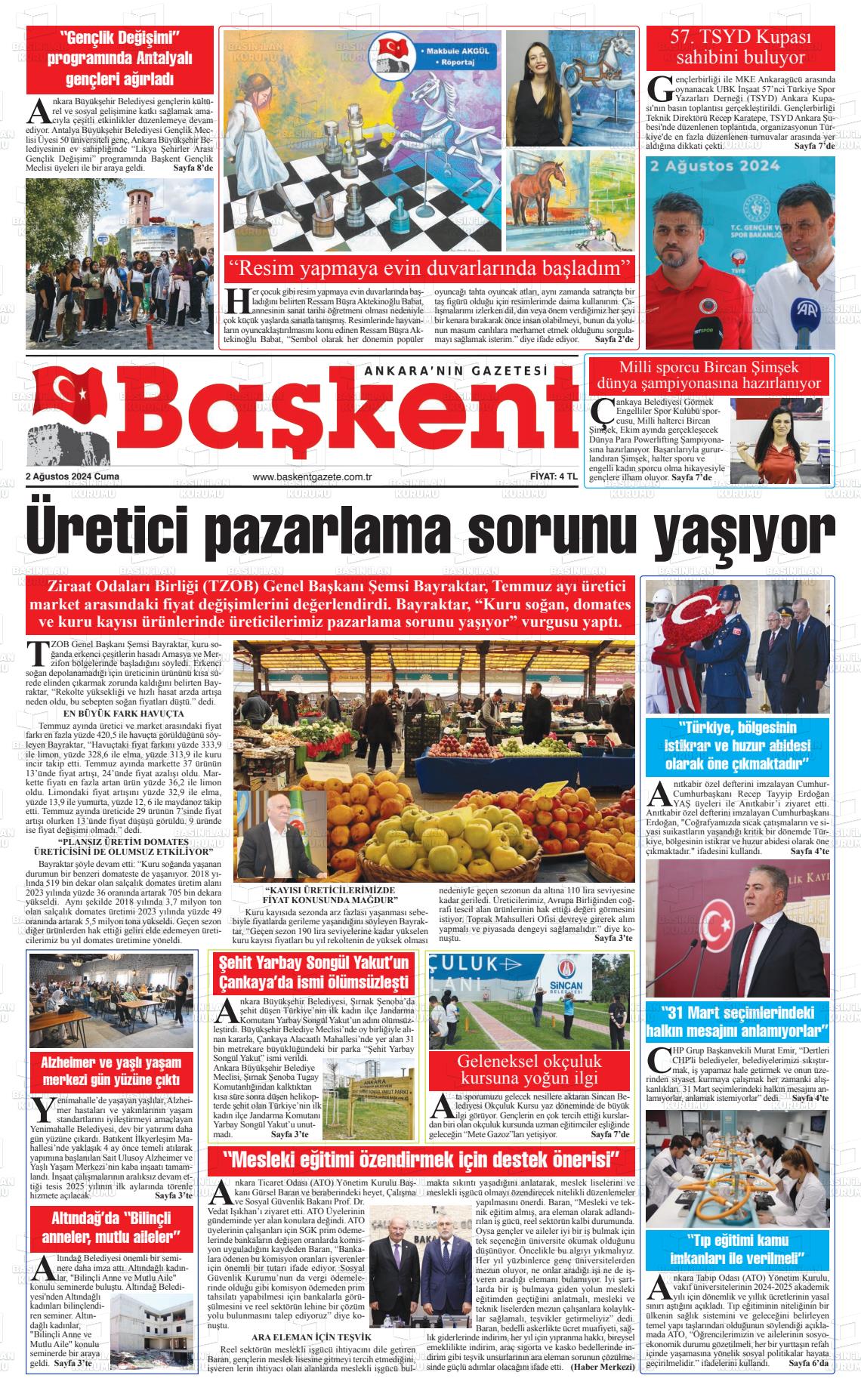 02 Ağustos 2024 Ankara Başkent Gazete Manşeti