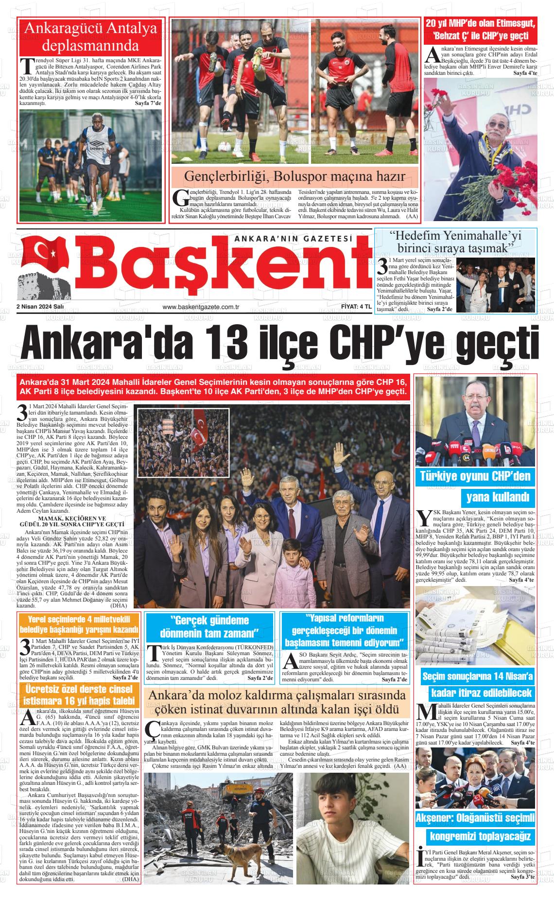 02 Nisan 2024 Ankara Başkent Gazete Manşeti