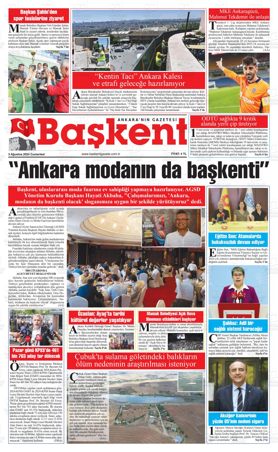 03 Ağustos 2024 Ankara Başkent Gazete Manşeti