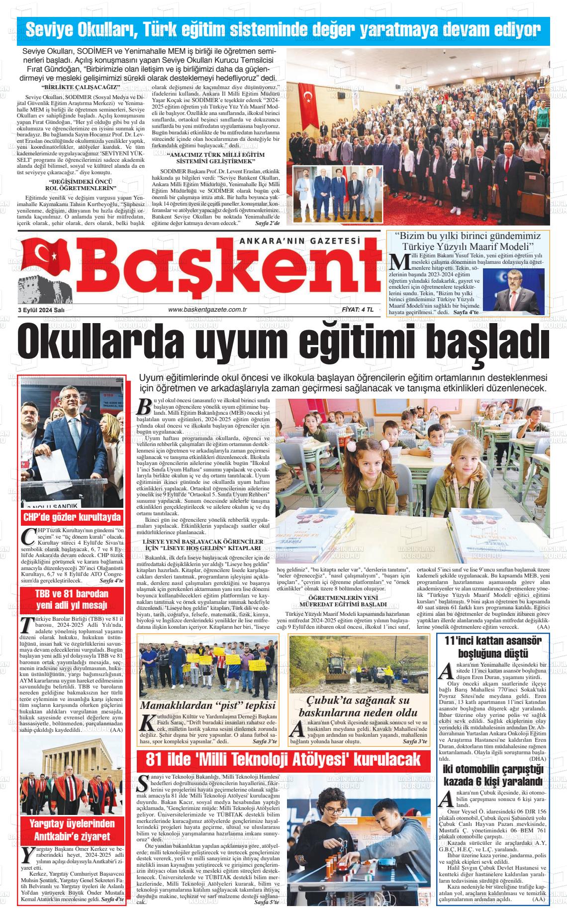 03 Eylül 2024 Ankara Başkent Gazete Manşeti