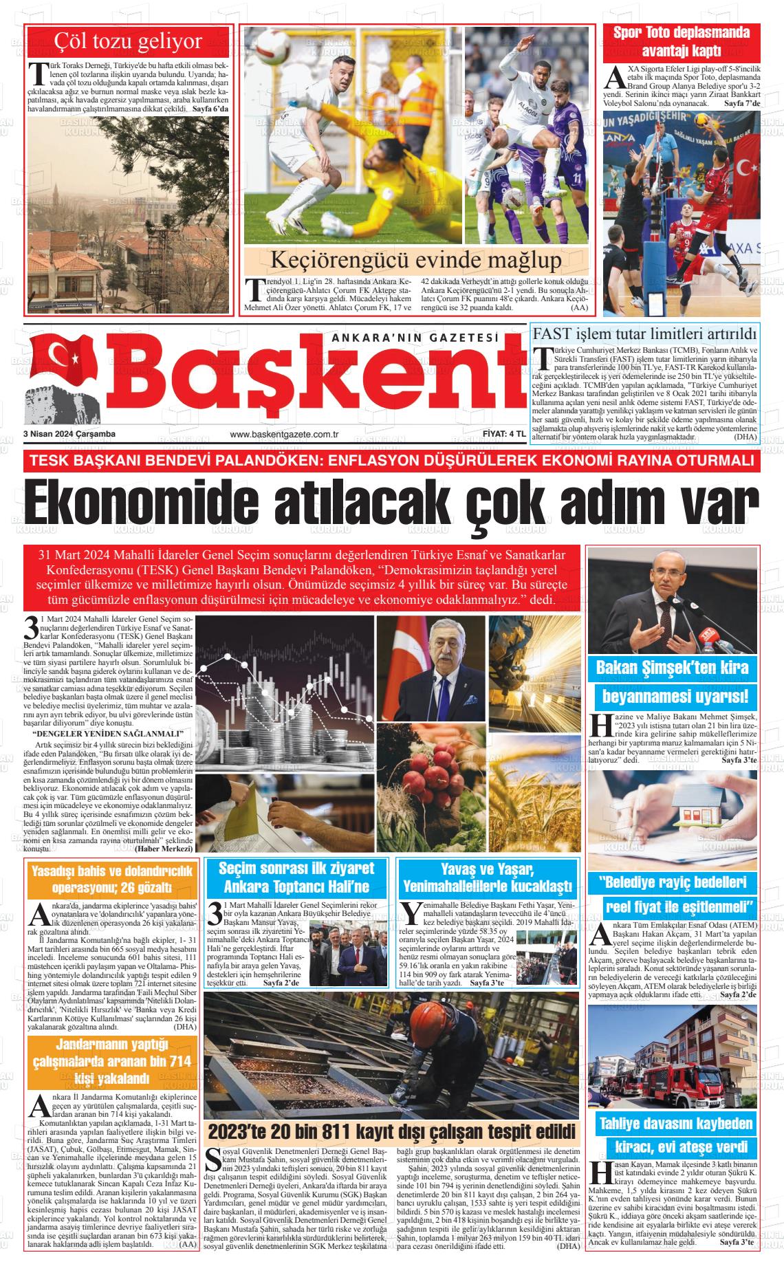 03 Nisan 2024 Ankara Başkent Gazete Manşeti