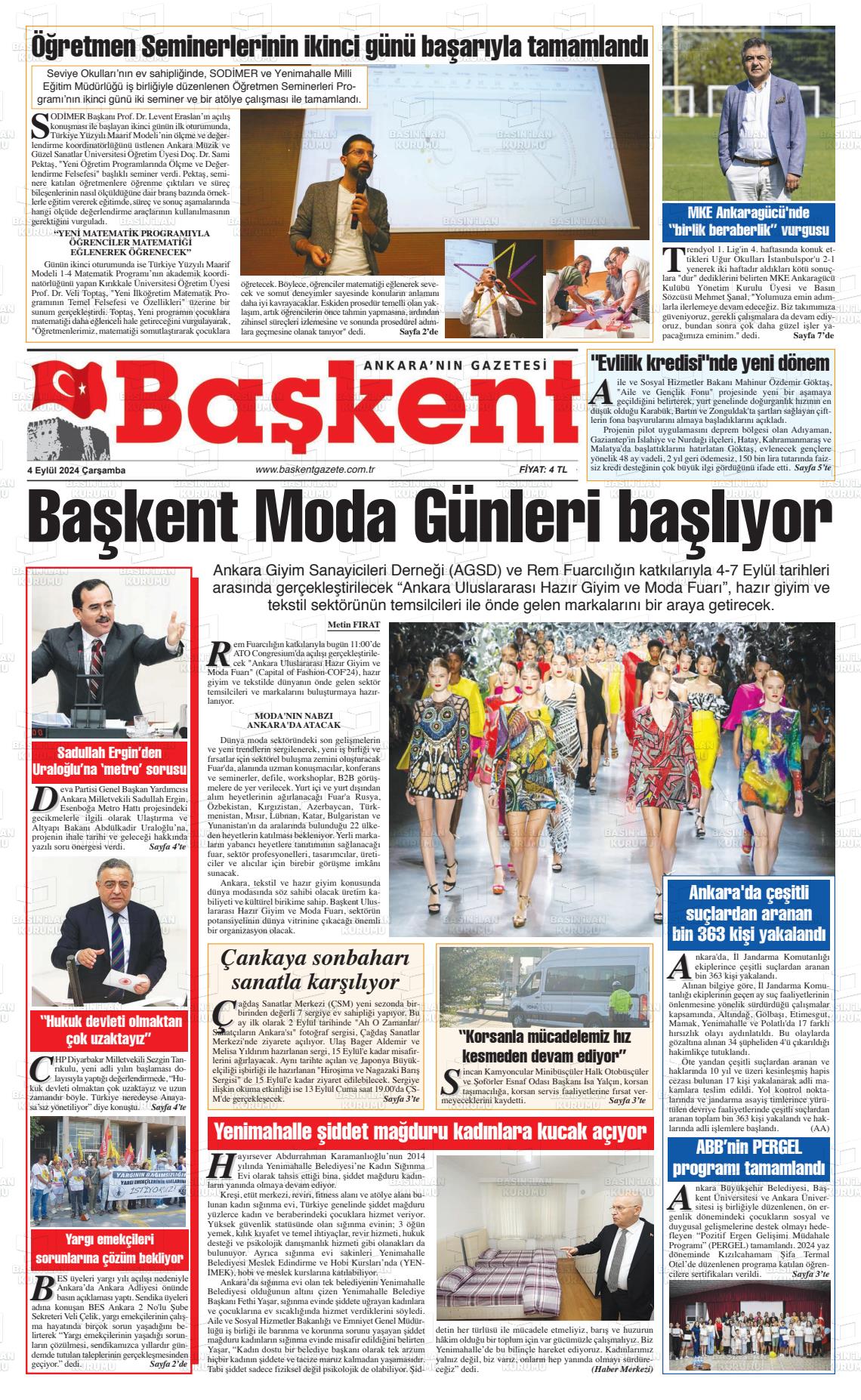 04 Eylül 2024 Ankara Başkent Gazete Manşeti