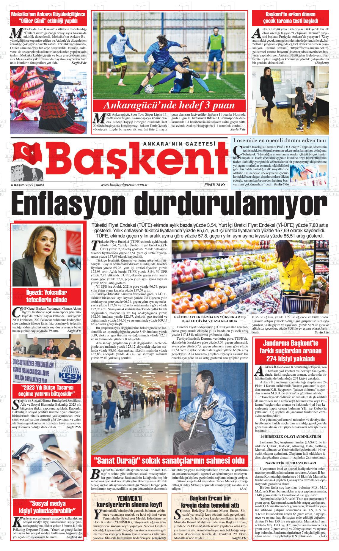 04 Kasım 2022 Ankara Başkent Gazete Manşeti