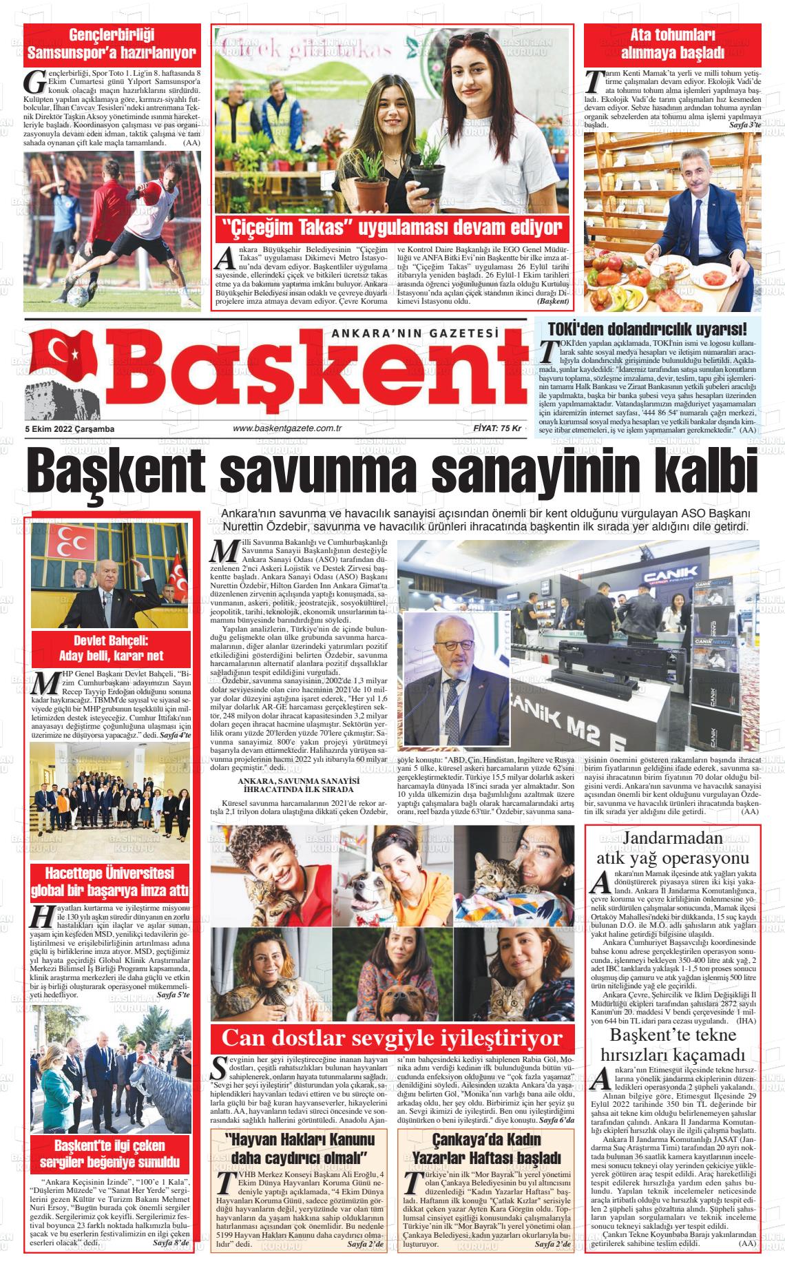 05 Ekim 2022 Ankara Başkent Gazete Manşeti