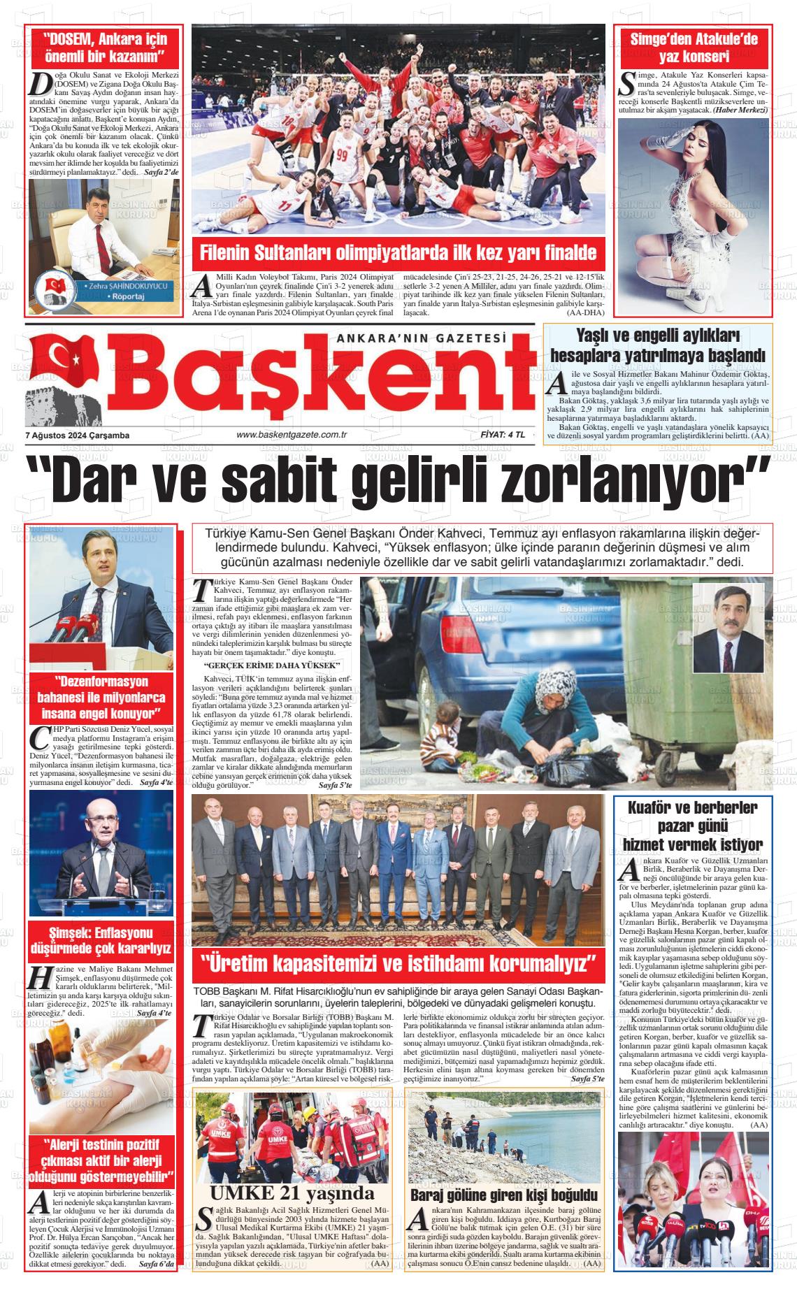 07 Ağustos 2024 Ankara Başkent Gazete Manşeti