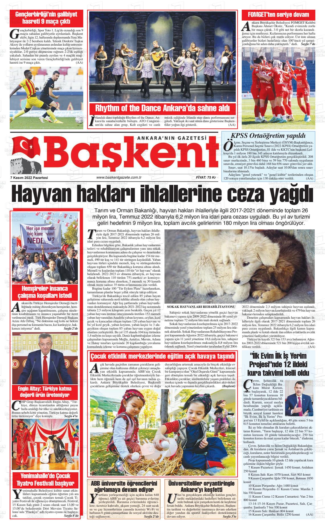 07 Kasım 2022 Ankara Başkent Gazete Manşeti