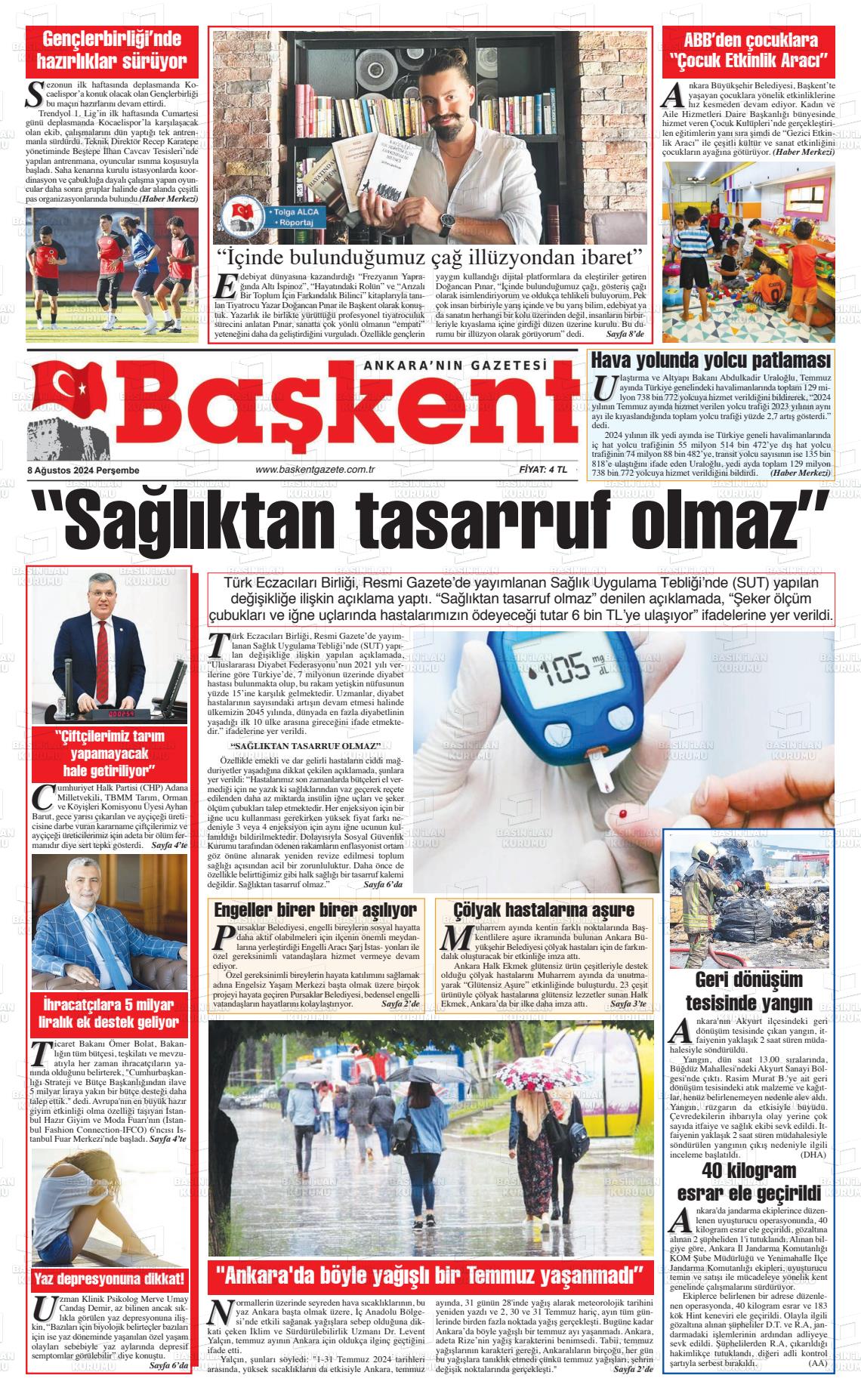 08 Ağustos 2024 Ankara Başkent Gazete Manşeti