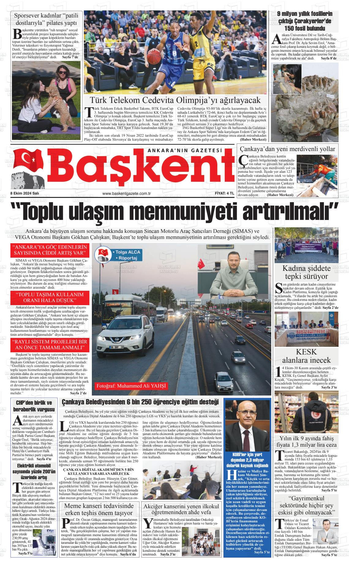 08 Ekim 2024 Ankara Başkent Gazete Manşeti